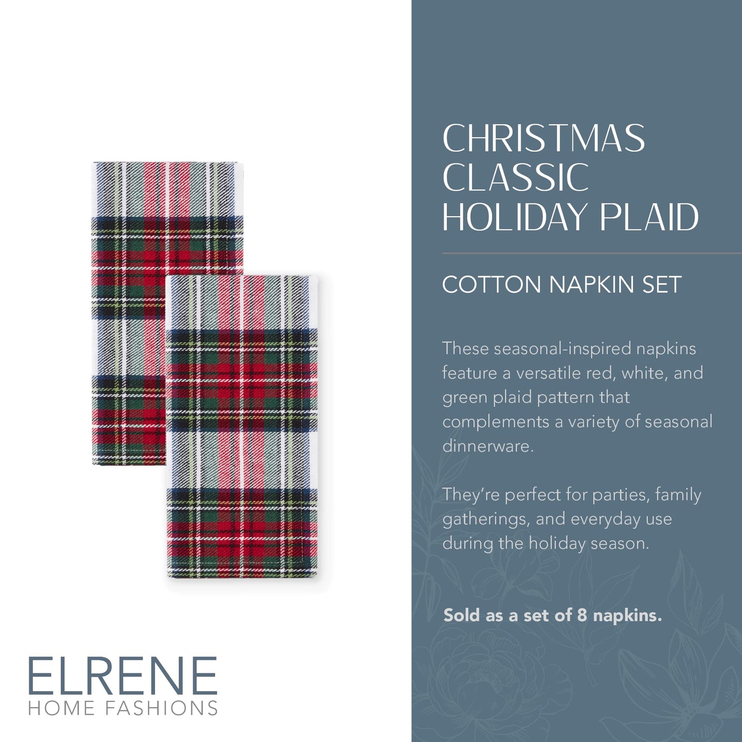 Elrene Home Fashions Christmas Classic Holiday Plaid Cotton Napkins, Holiday Table Decor, 17" x 17", Set of 8