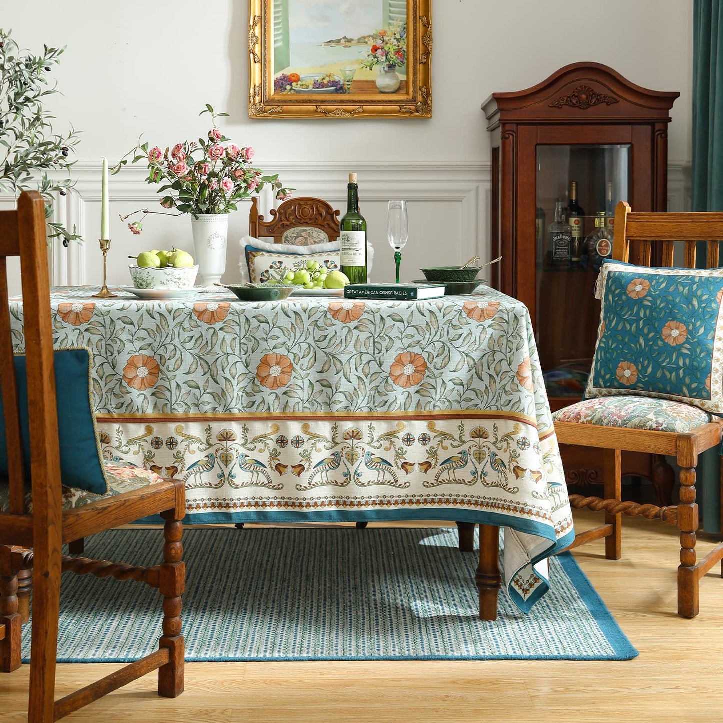 patdrea Designer French Linen Tablecloth Rectangle for Tables,Italian Floral Tablecloth,Provencal Country Tablecloths,FlowerBlue Pattern Table Cover for Kitchen Dining,Christmas,55"x79"