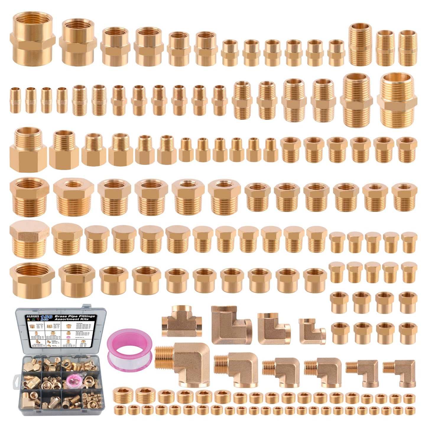 Ailbiuko 156PCS Brass Pipe Fittings Assortment Kit 1/8" 1/4" 3/8" 1/2" 3/4" NPT Adapter,Reducer Bushing, Hex Nipple, Reducing Hex Coupling,Hex Head Plugs,Street Elbow,Street Tee,Socket Plug