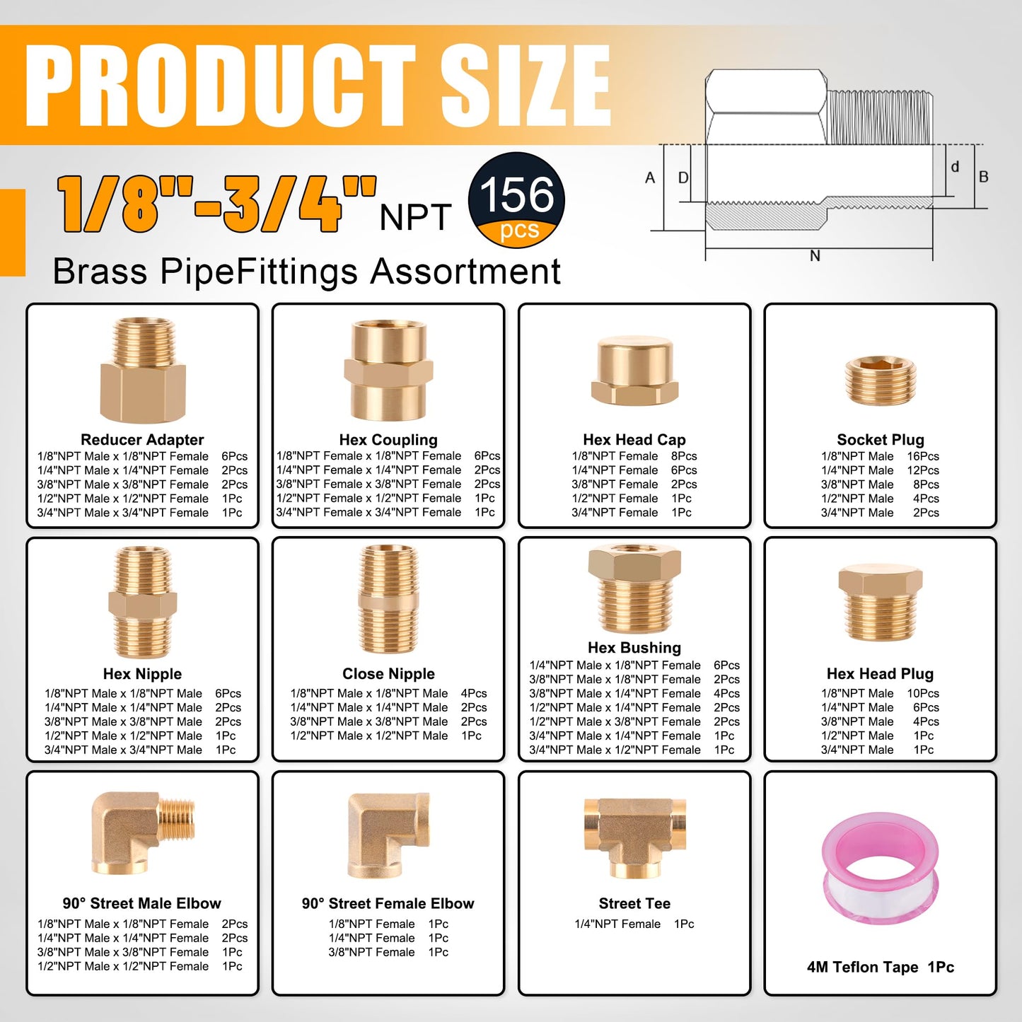 Ailbiuko 156PCS Brass Pipe Fittings Assortment Kit 1/8" 1/4" 3/8" 1/2" 3/4" NPT Adapter,Reducer Bushing, Hex Nipple, Reducing Hex Coupling,Hex Head Plugs,Street Elbow,Street Tee,Socket Plug