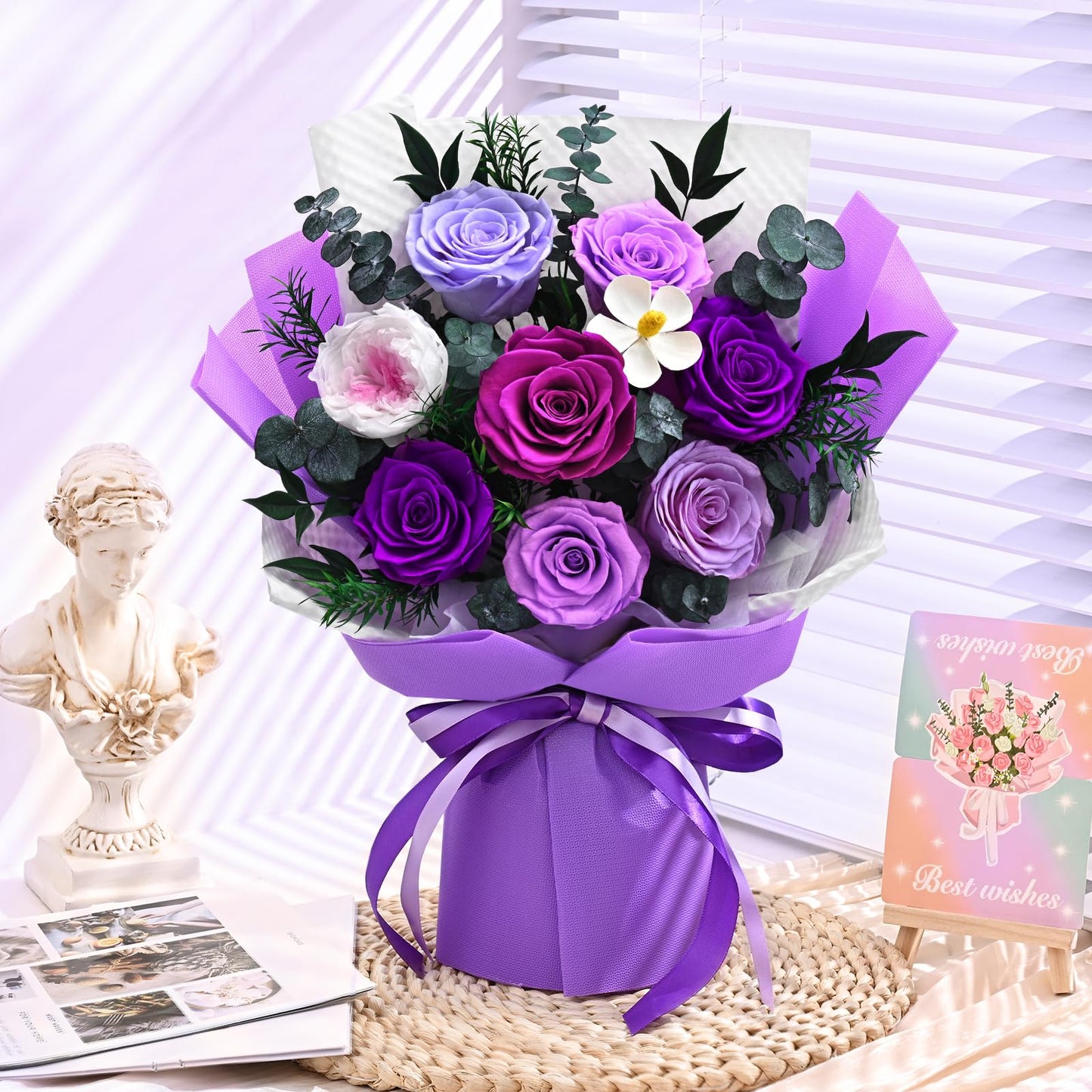 Forever Rose Flowers for Delivery, 8-Piece Preserved Roses Bouquet for Mothers Day Gifts, Long Lasting Purple Roses with Gift Box for Mom, Forever Flowers with Vase Birthday Gift for Her Wife