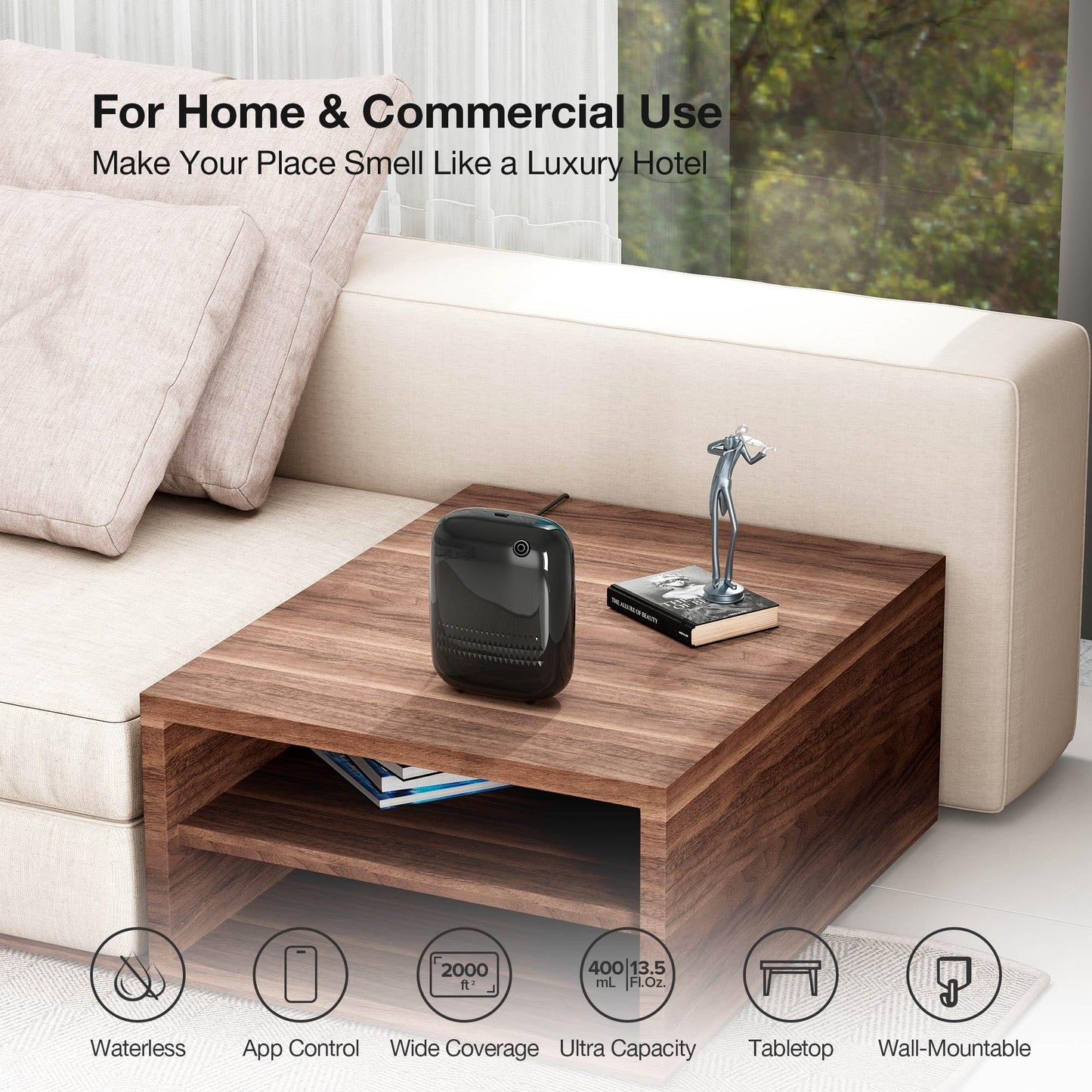 Smart Scent Air Machine with 400mL Capacity Up to 2000 sq.ft. Waterless Essential Oil Diffuser for Home and Commercial Use, Aromatherapy Scent Diffuser for Large Rooms, Difusor de Aromas, ANW-Black