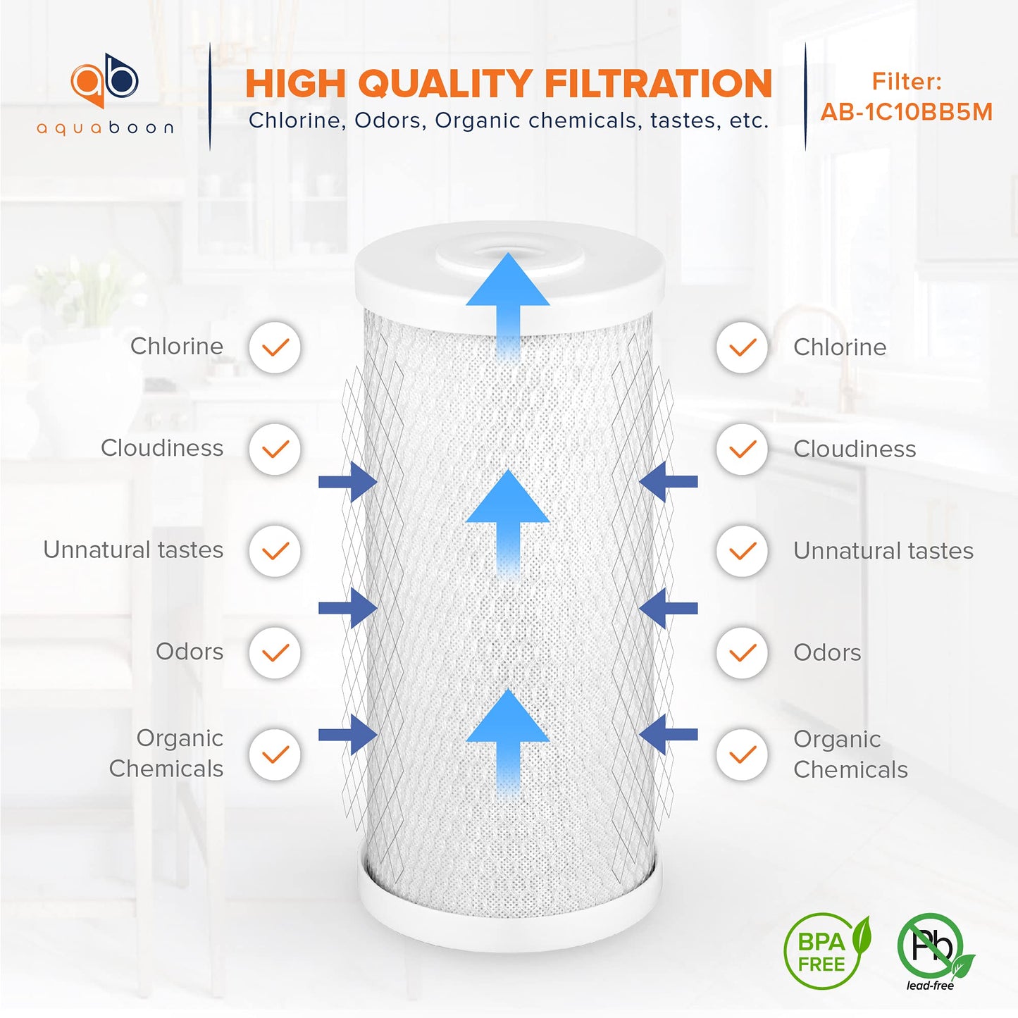 Aquaboon 5 Micron 10x4.5 Carbon Block Water Filters Whole House CTO Water Filter Replacement Cartridge Compatible with FXHTC, CB-BB-10, EP-BB, 2-Pack