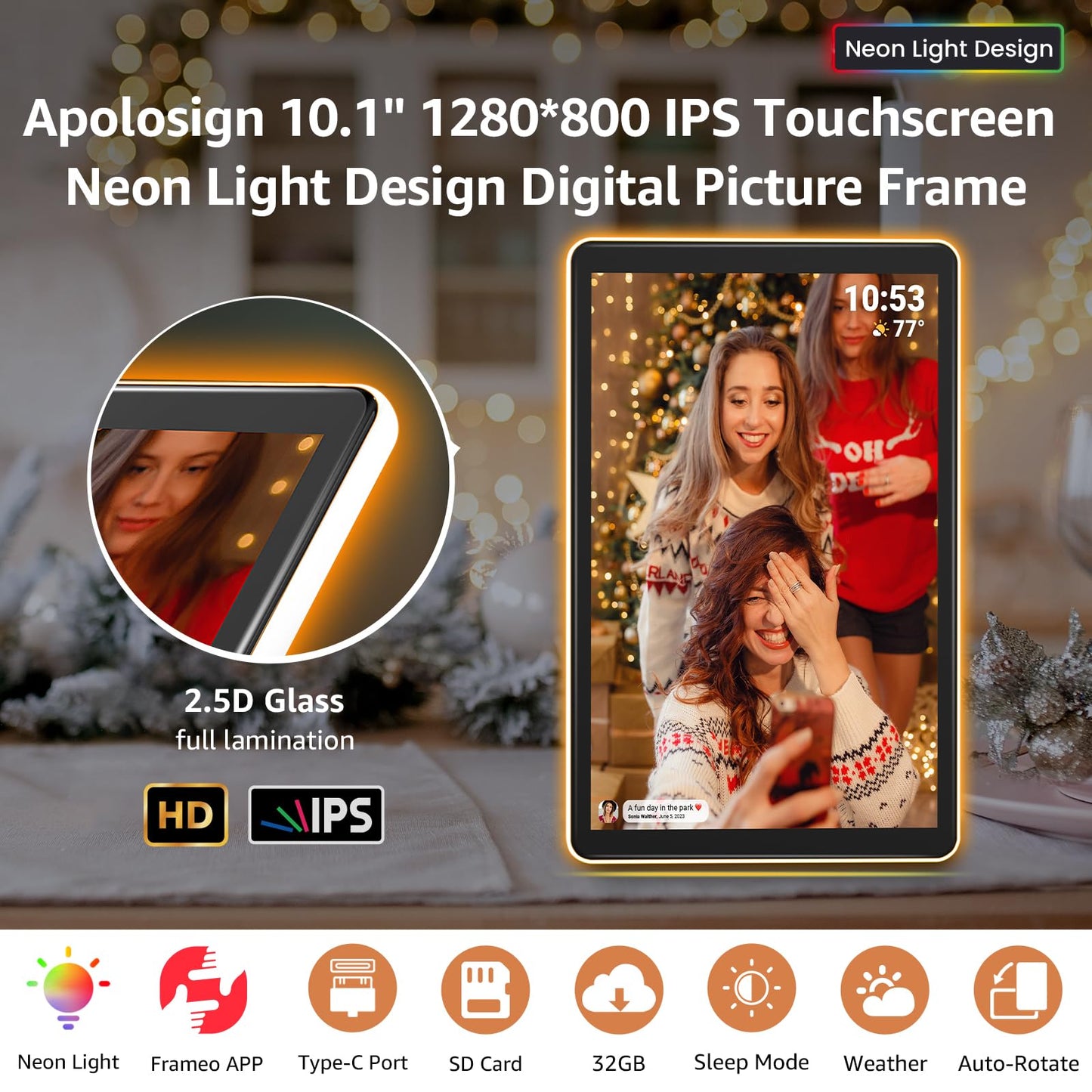 ApoloSign Neon Light Digital Picture Frame - 10.1" HD Display | AI Color-Changing LED Strip Digital Photo Frame | Quick Share Photos/Videos, Easy Setup in Frameo App | Best Digital Frame for Gifting