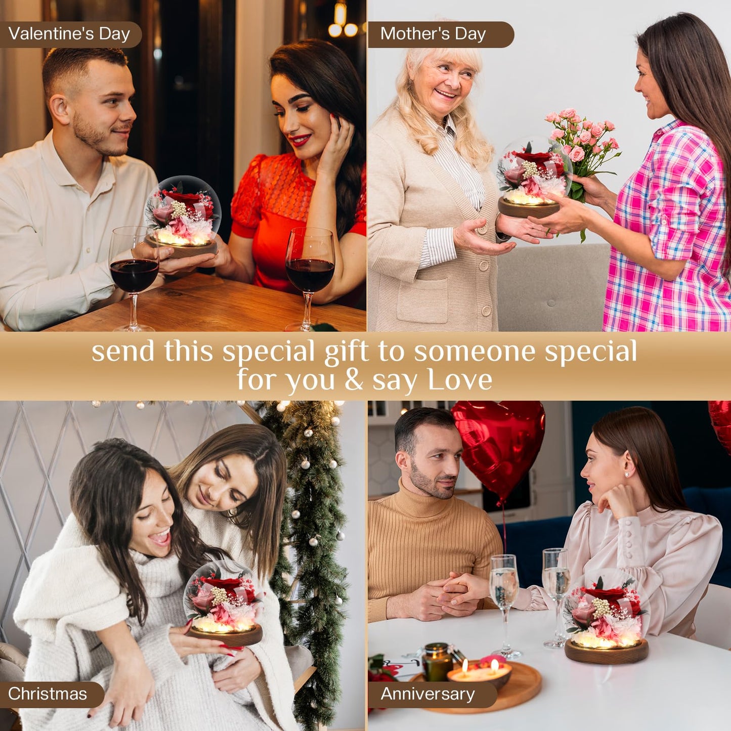 Eyesofspring Preserved Flowers,Rose in Glass Dome with LED Light,Mother's Day Present, Gifts for Girls, Women, Mom,Grandma,Girlfriend, Wife- Style1