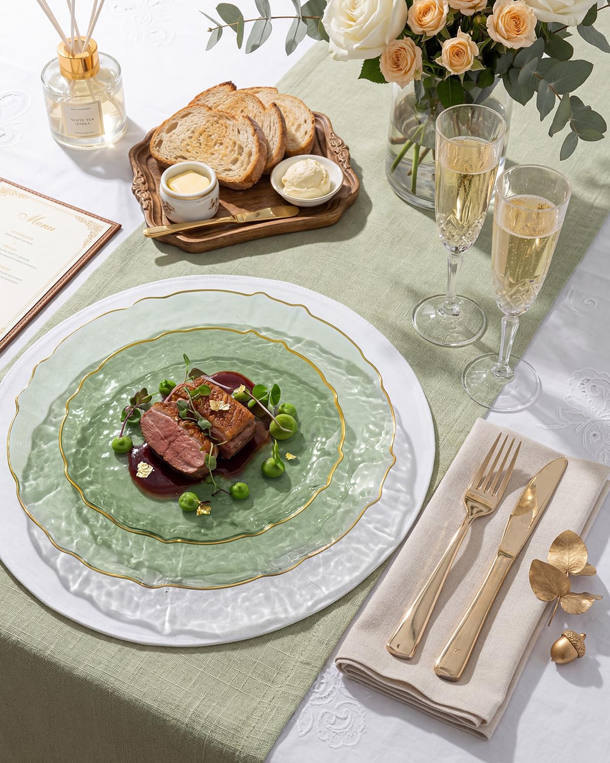 bUCLA 40PCS Sage Green Plastic Plates Disposable - Fancy Clear Hammered with Gold Lace-Edge - Include 20 Each (10inch Dinner & 7inch Dessert) Plates for Party, Birthday & Daily Use