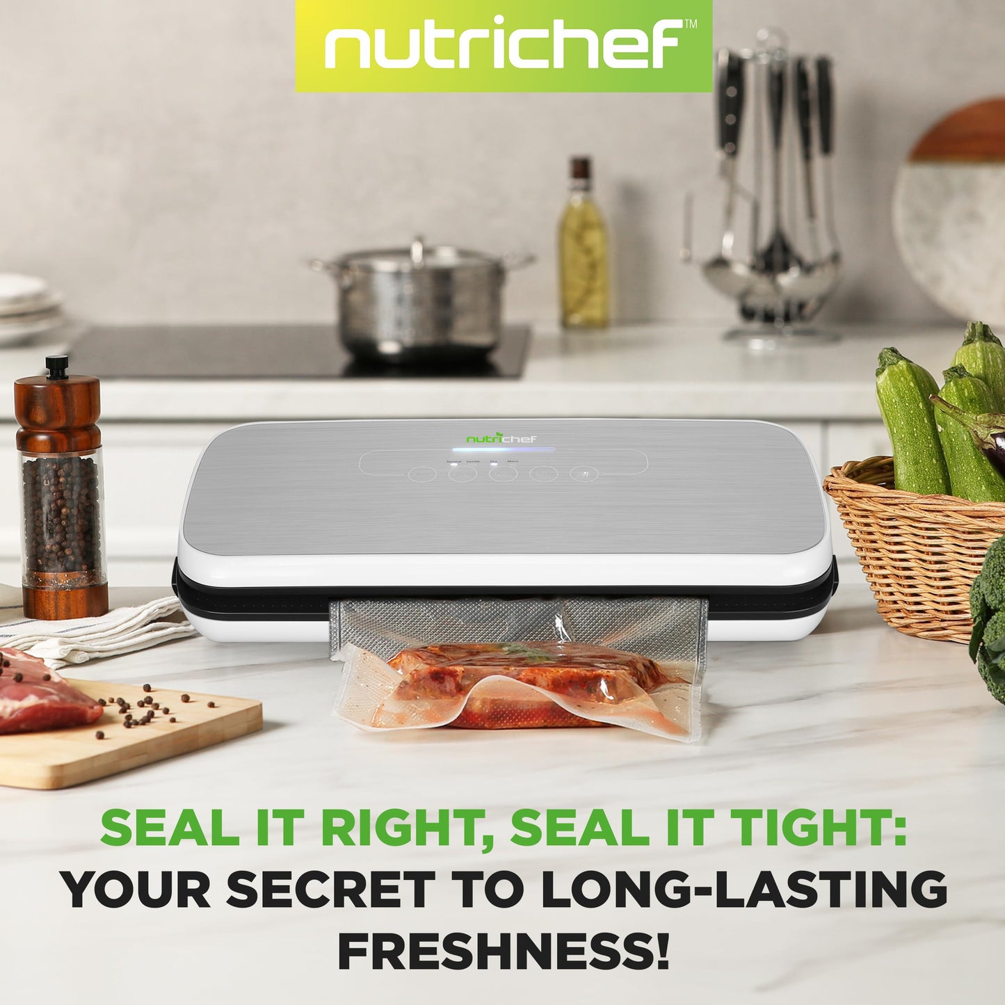 NutriChef Automatic Food Vacuum Sealer, Electric Air Sealing Preserver System for Dry and Moist Foods, LED Control, Strong Suction, Includes Bags, Wine Stopper Cork, and Air Suction Hose, 14"x6"x3"