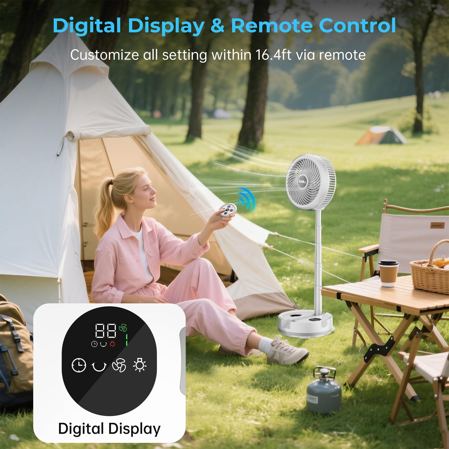 AddAcc 40000mAh Battery Operated Fan, Rechargeable Collapsible Fan, 106H Run, 9 Speeds Oscillating with Remote, Battery Powered with Timer & Light for Travel Cruise Essentials RV Outdoor Power Outage