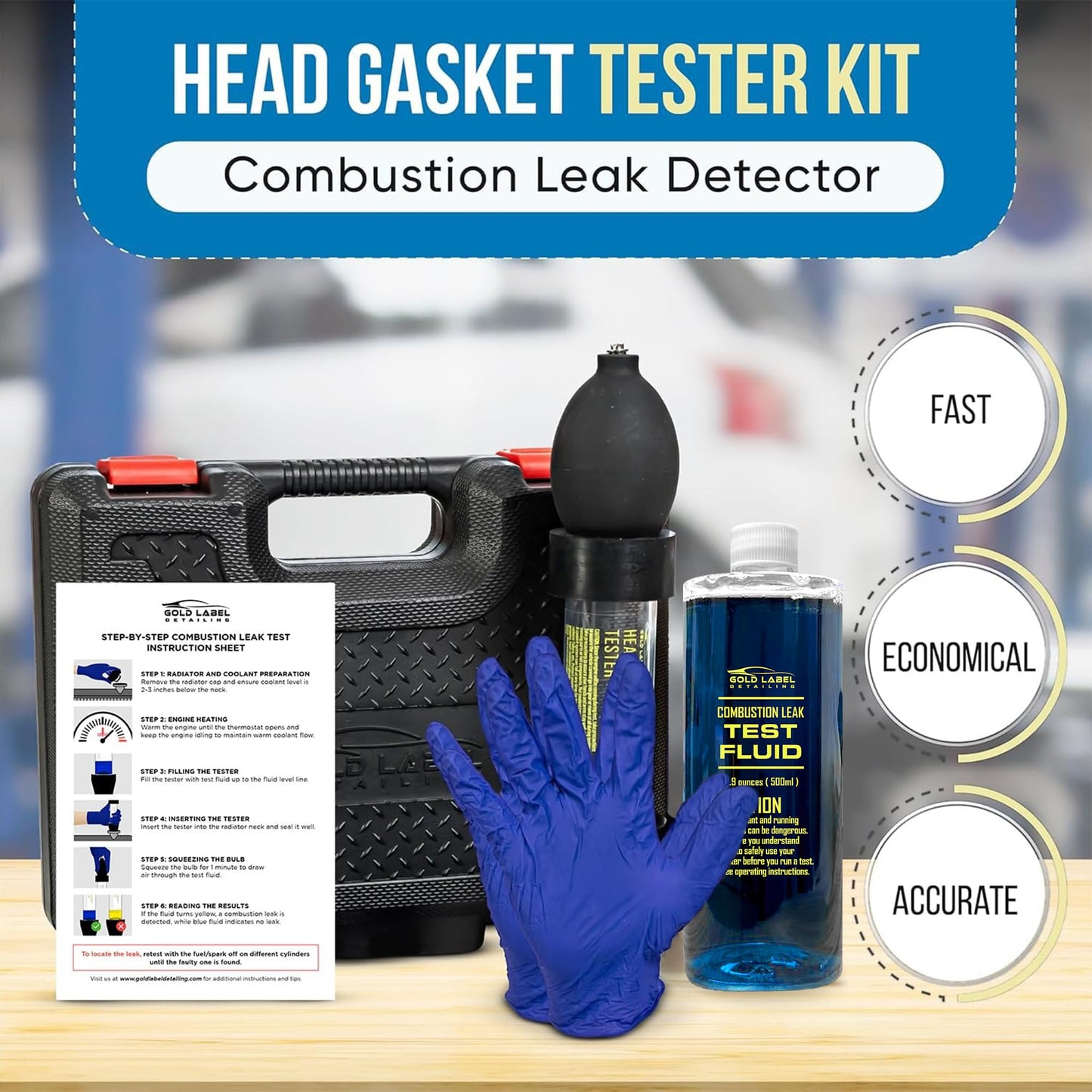 Gold Label Detailing Combustion Leak Detector Kit - 100+ Tests Automotive Engine Block and Head Gasket Tester, Ideal for Detecting Blown Gaskets (Tester with 16.9oz Fluid)