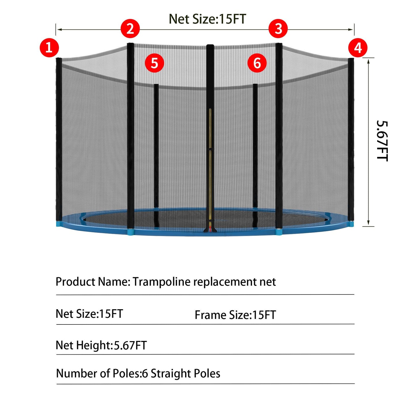 Kevirice Trampoline Replacement Net(Net Only),Trampoline Net Replacement 15Ft 6 Pole is Suitable for Straight Pole Type Trampoline Net Replacement with High Tear Resistance and Safety