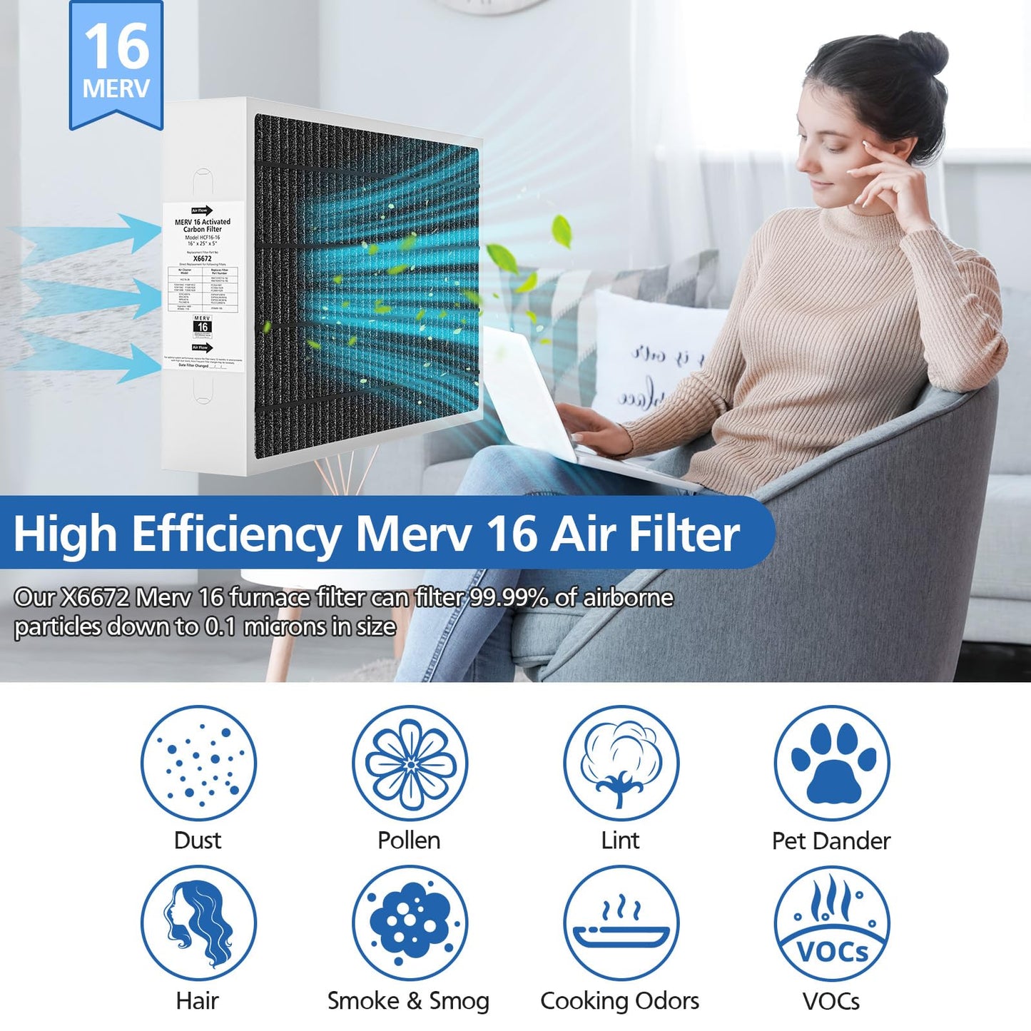 2 Pack X6672 16x25x5 MERV 16 Filter Compatible with Lennox X6672 and Lennox HCC16-28 Healthy Climate Carbon Clean MERV 16 Home Furnace Filter for HVAC System, Part Number HCF16-16, HCF16-10