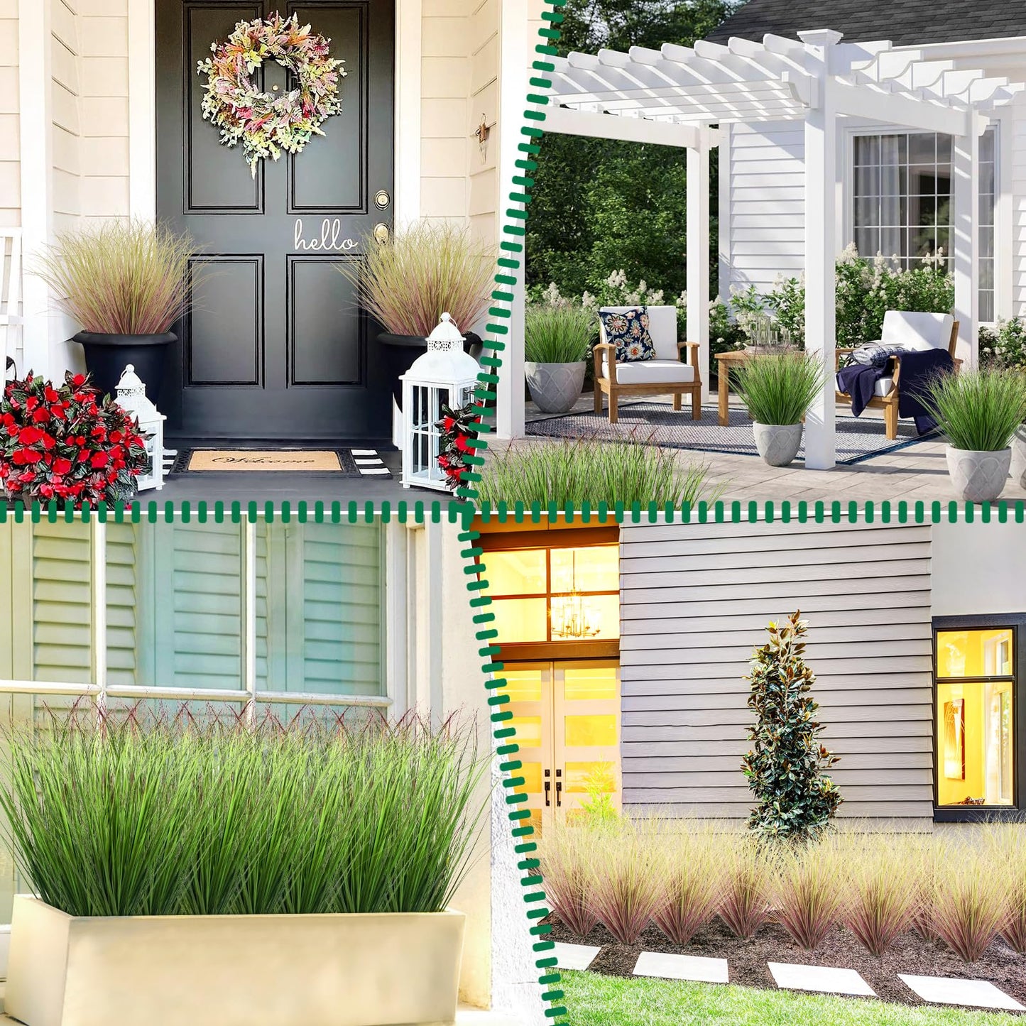 LUZOGA 100Pcs Artificial Grass Plants Outdoor Faux Shrubs Wheat Grass Green Onion Grass Artificial Greenery Tall Stems for Indoor Outdoor Office Home Decor(Green Red Tail)