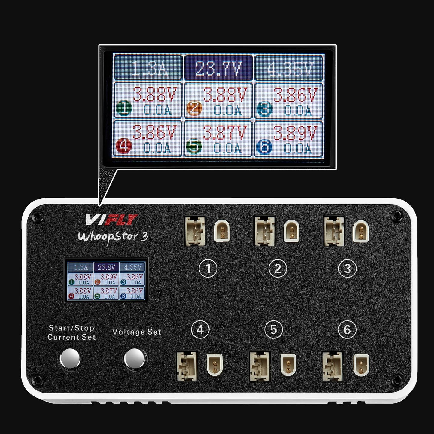 SoloGood VIFLY WhoopStor 3 V3 Battery Charger 6 Ports 1S LiPo Charger Discharger Storage Memory Function for Tinywhoop BT2.0 PH2.0 Come with AC to DC Power Adapter