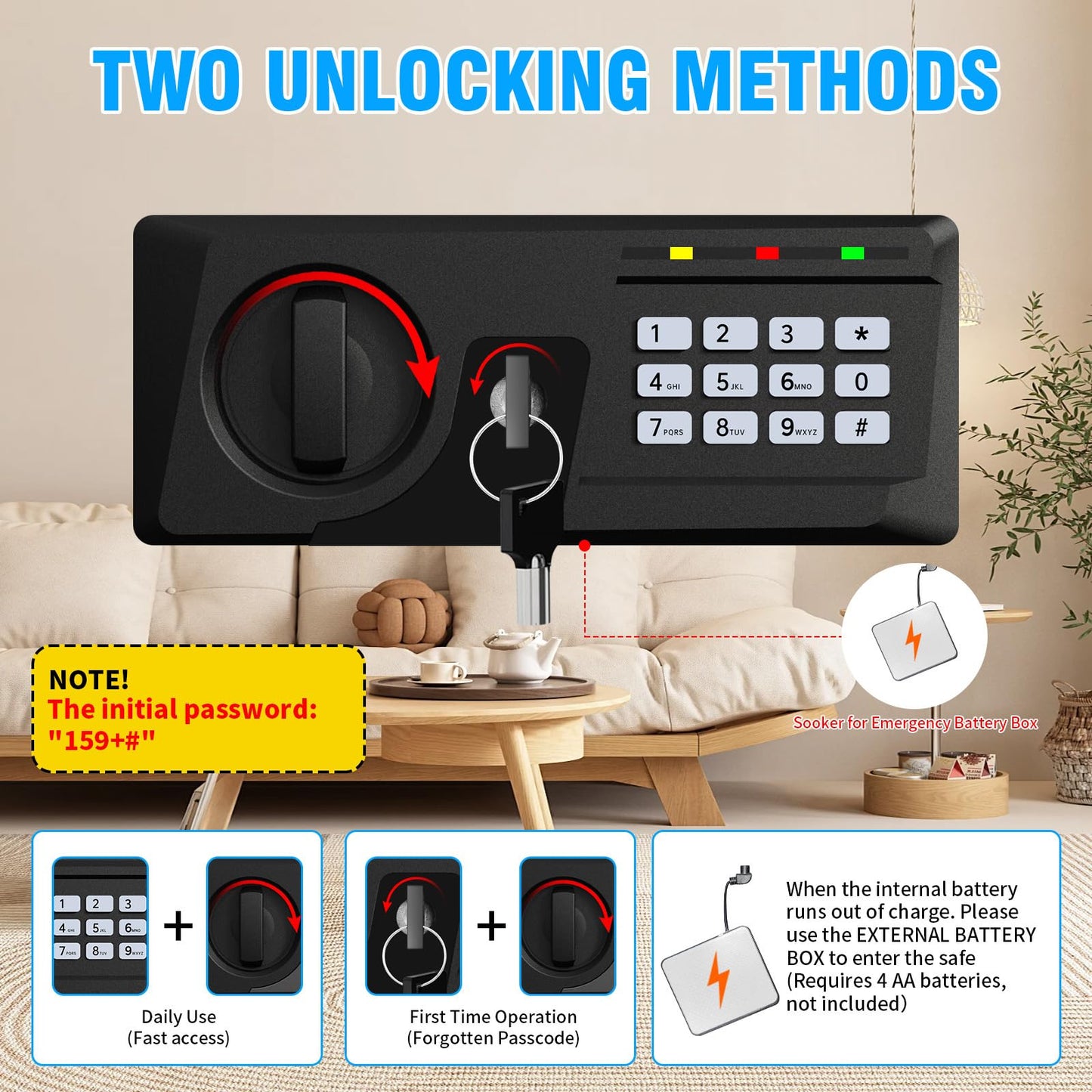 2.8 Cuft Large Fire Proof Safe for Home Documents, Digital Security Box with Key and Combination, Anti-Theft Fire Safety Box for Home Office, Document Safe for Money Firearm Medicine Valuables