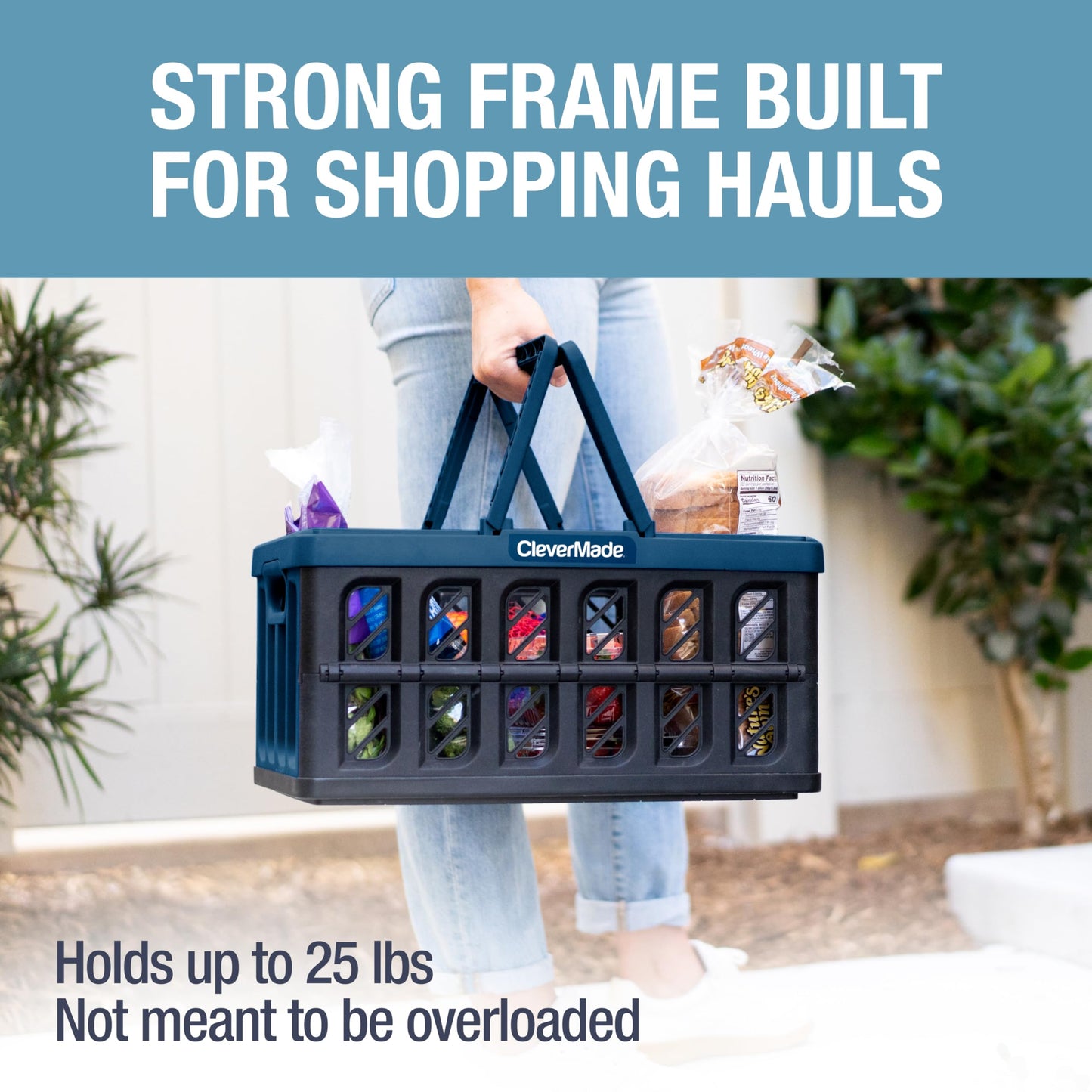 CleverMade Collapsible Shopping Basket, Ocean, 3PK - 24L (6 Gal) Reusable Plastic Grocery Shopping Baskets, Holds 25lbs Per Basket - Small Foldable Storage Crates with Handles