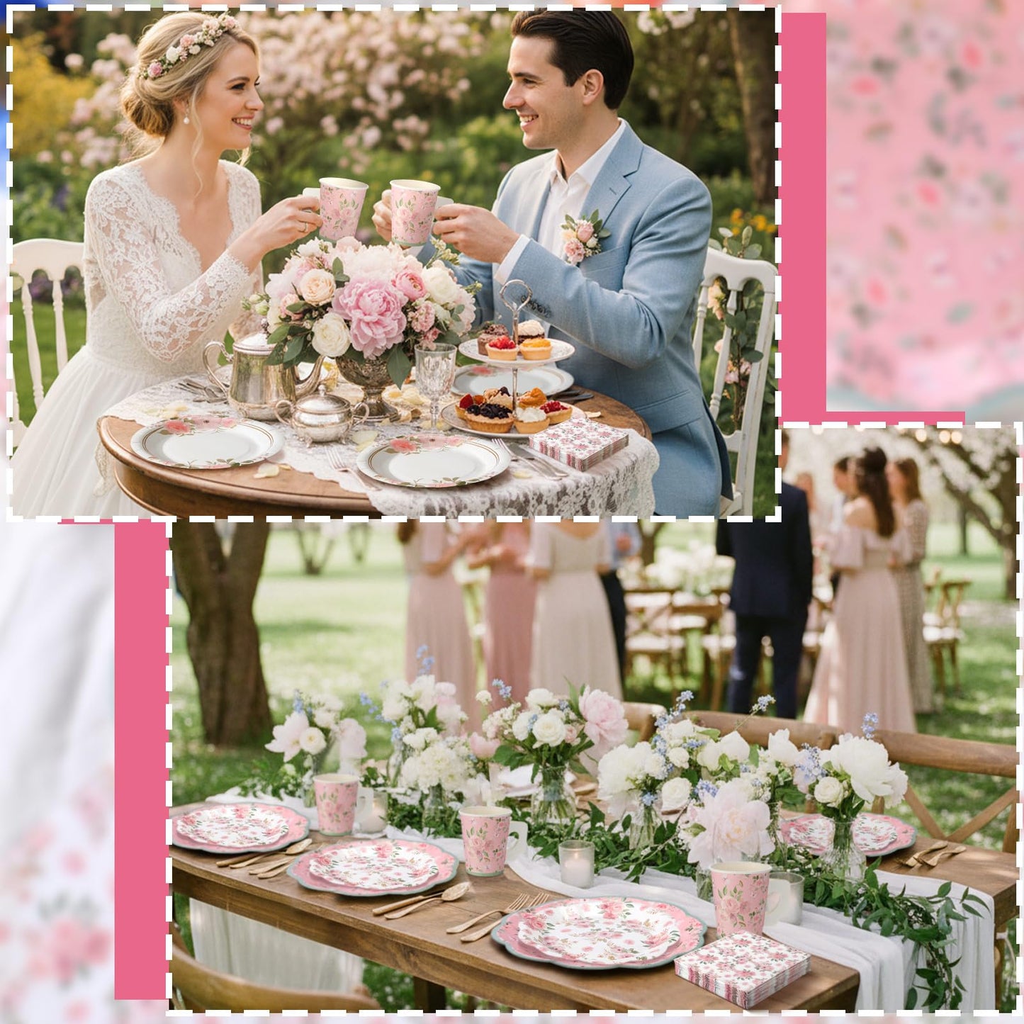 Pickmesh 252 Pcs Pink Floral Tea Party Supplies for 36 Guests Pink Floral Paper Disposable Dinnerware Flower Teacups with Handle and Saucers Set for Tea Party Decorations Birthday Wedding