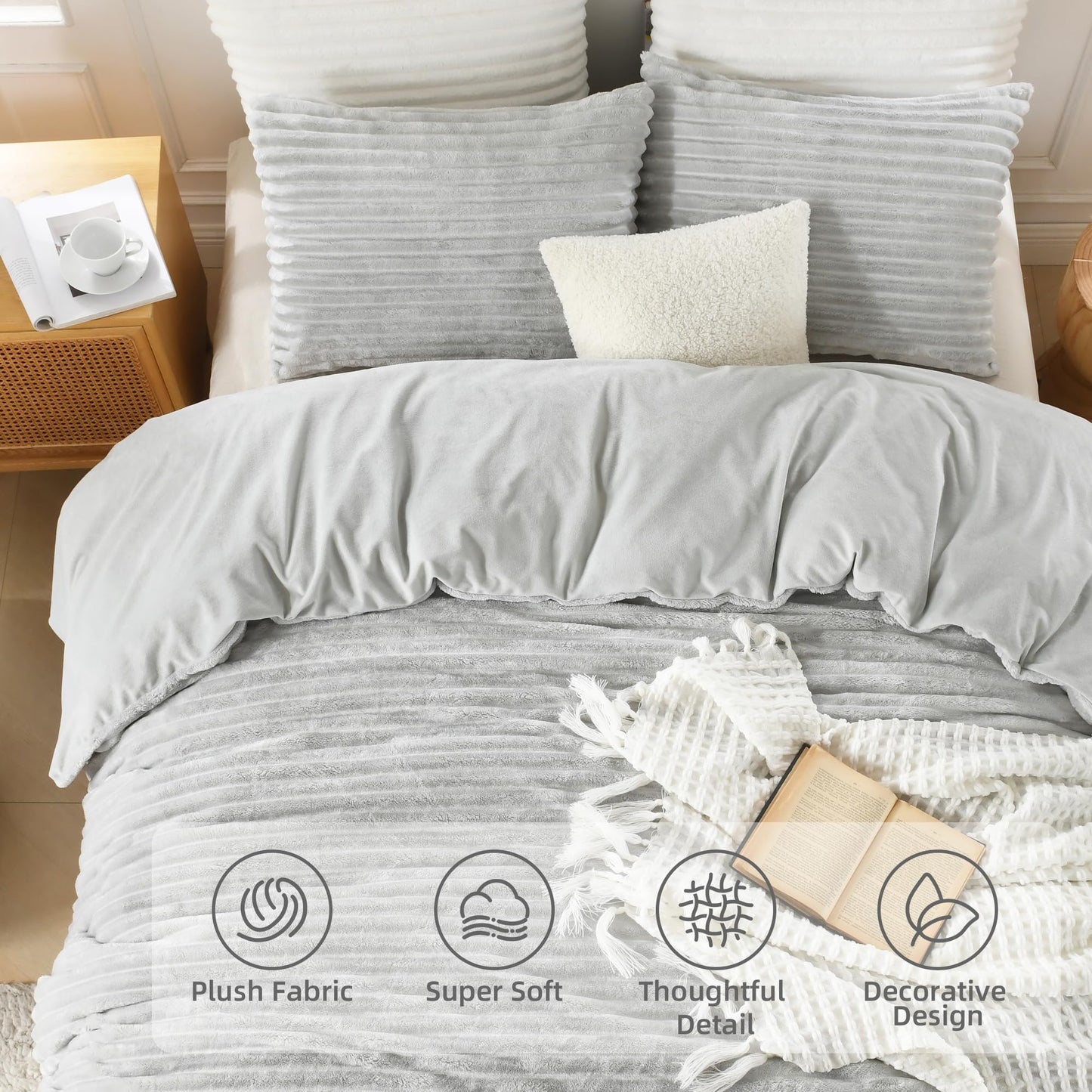 Andency Fluffy King Size Duvet Cover, Gray Striped Plush Microfiber Fleece Comforter Cover, Ultra-Soft Lightweight Bed Set, 3 Piece Warm Faux Fur Bedding for All Season, Two-Way Zipper