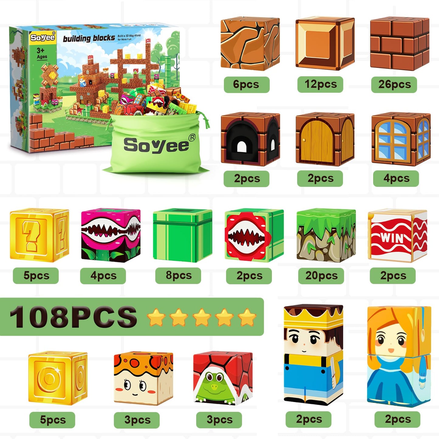 108PCS Magnetic Blocks Building Toys - Build Mine Magnet World Game Adventure Set 1'' Magnet Building Blocks Cubes Boys Girls Toys Ages 3-5 4-6 5-7 6-8 Kids Gifts for 3-12 Years Old