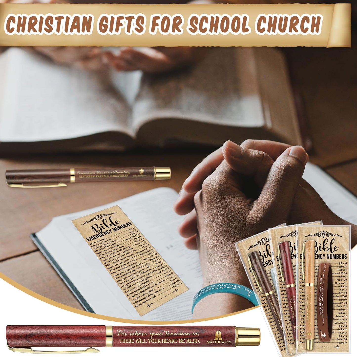 Feifeiya 50 Sets Father’s Day Christian Gifts Bulk for Men, Religious Gift Set with Bible Verse Pens, Scripture Wristbands, Bible Emergency Numbers Bookmarks, Gift Bags for Dad Grandpa Church