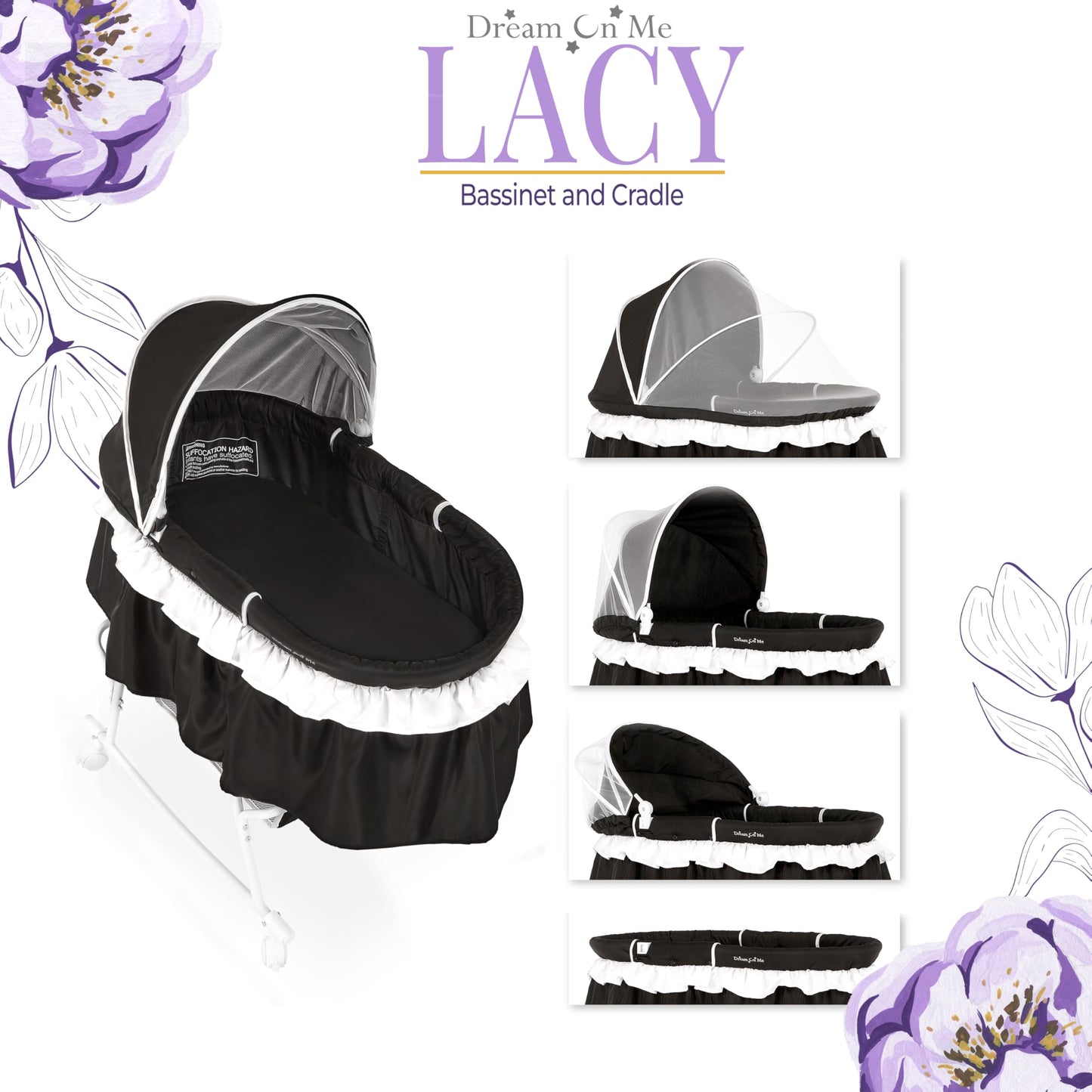Dream On Me Lacy Portable 2-in-1 Bassinet & Cradle with Full Canopy, Storage Basket, Locking Wheels, Lightweight Frame, BSA Certified, Includes 1” Mattress Pad -Black