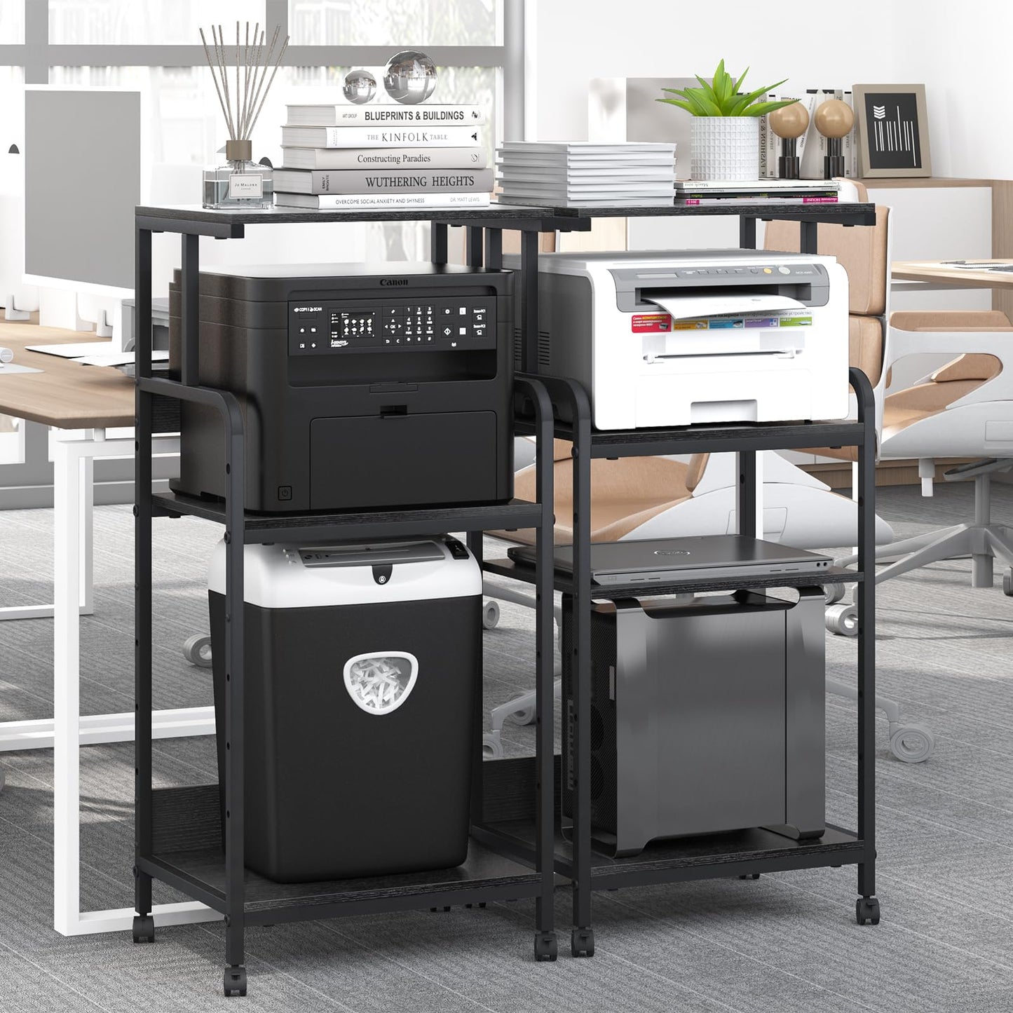 Arbuxzuy 4 Tier Stand with Storage Shelf, Tall Mobile Printer Table for Home Office, Adjustable Stands for Heat Press Scanner Fax (Black)