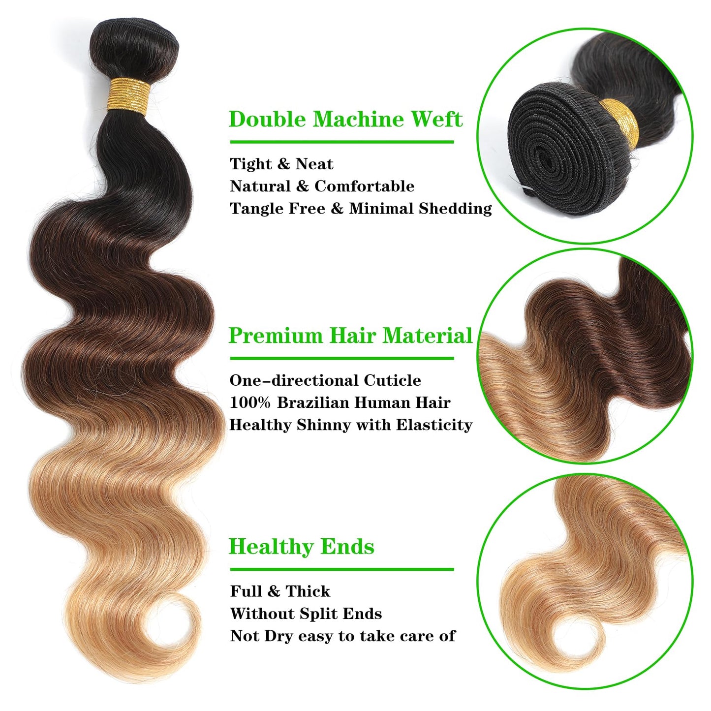 Brazilian Virgin Hair Body Wave Ombre Human Hair 3 Tone, 3 Bundles Ombre Brazilian Hair Extensions (T1B/4/27, 14" 16" 18")