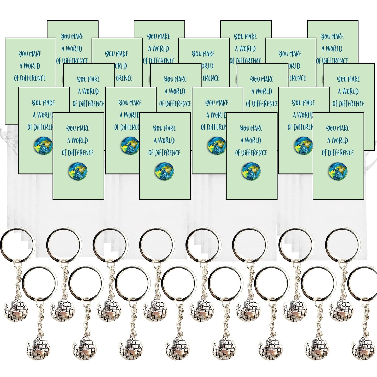 Smiling Wisdom - 20 Bulk Gifts - You Make A World of Difference - Staff Employee Appreciation 3.5x2in Cards & Keepsake Gifts - 60pcs - Silver World Keychains