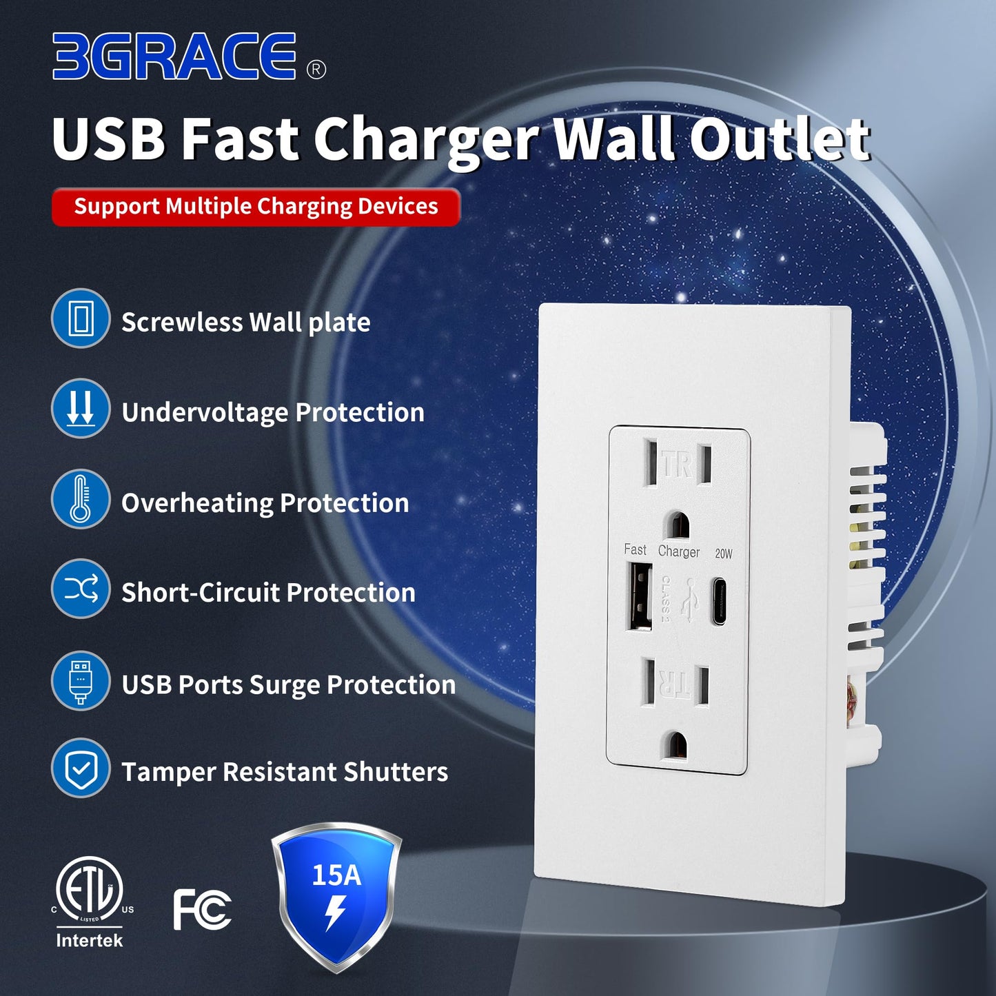 3GRACE USB Wall Outlet, Charger Outlets Receptacles with 4.2A USB C Ports, 15 Amp Duplex Tamper Resistant Receptacle Plug with Electrical Outlet, Wall Plate Included, ETL Listed,White, 10 Pack