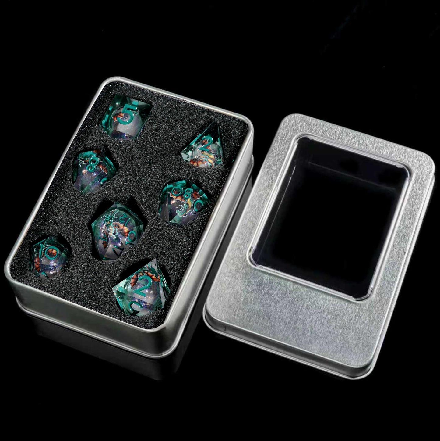 YZDHERO Dragon Polyhedral Dice Set, 7-Piece Clear Resin with Liquid Core, Sharp Edge Fantasy Dice with Teal Numbers, Dragon Artwork for D&D RPG Games