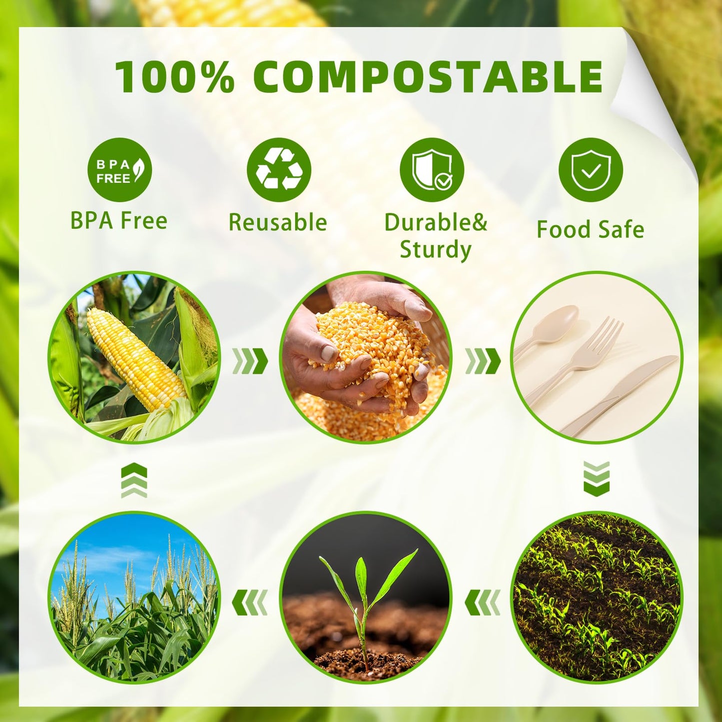 100% Compostable Silverware, Light Brown Plastic Silverware 100 Forks 100 Spoons 100 Knives, Compostable Utensils, No Plastic Utensil, Eco Friendly Disposable Cutlery for Party Office Wedding