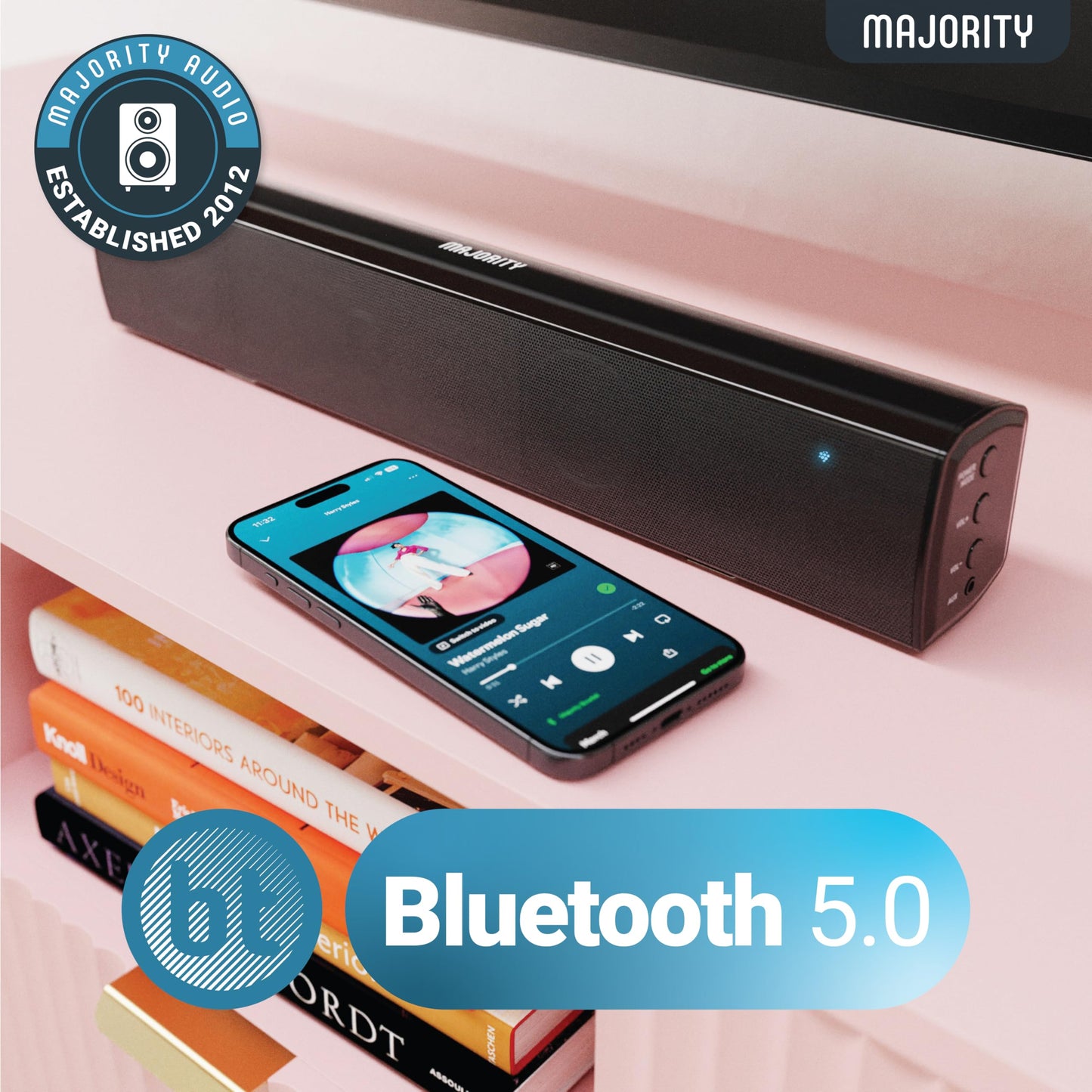 Majority Sound Bar for Smart TV, 50 Watts, 2.0 Bluetooth TV Sound Bar, 15 Inch Home Audio Sound Bars, Small Soundbar for TV and PC | AUX, RCA, Optical, USB | Gaming, Music, Movies - Bowfell Black