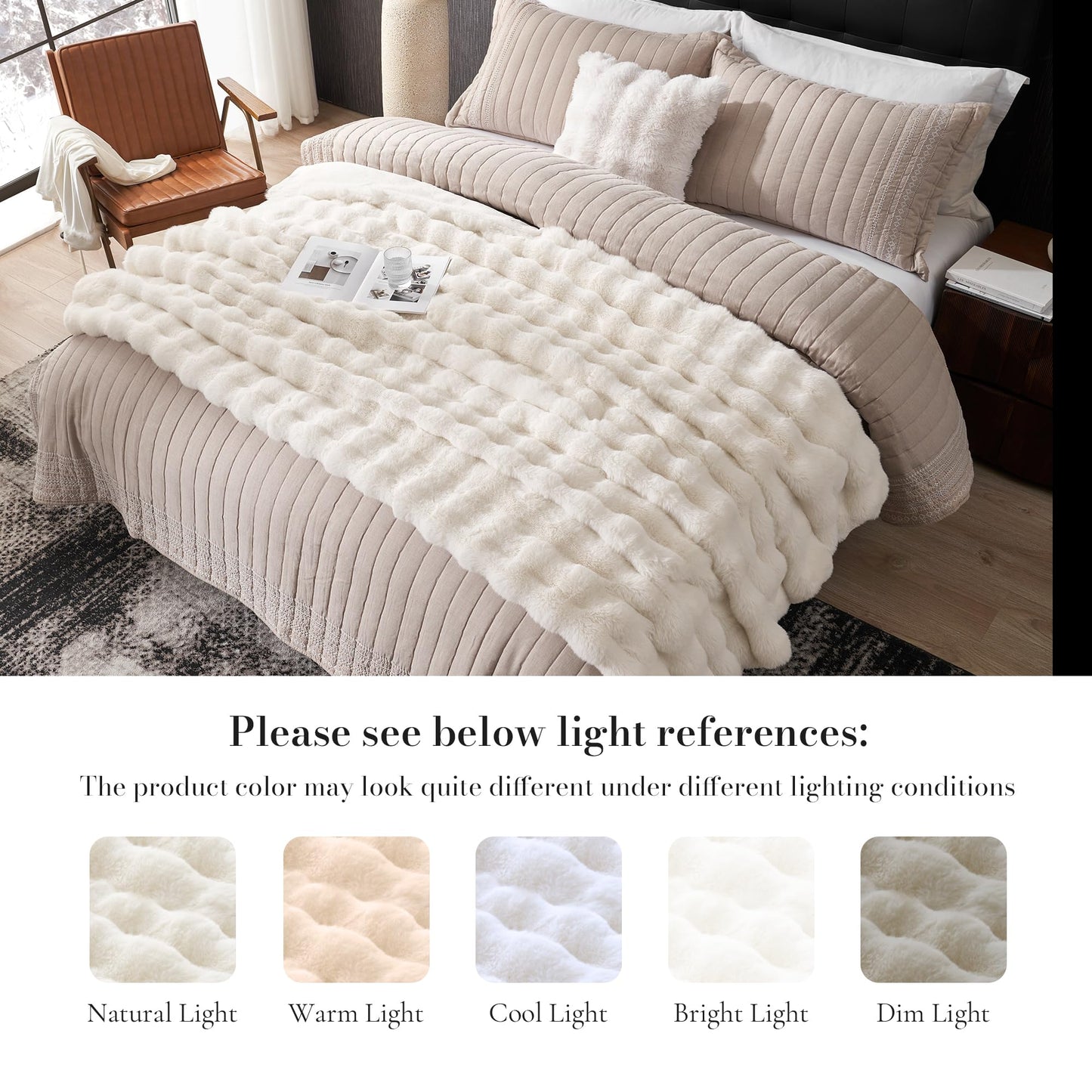 Amélie Home Faux Fur Throw Blanket for Couch, Fuzzy Soft Plush Thick Bubble Blanket for Sofa Bedroom Living Room, 60"x80" Inches, Cream White