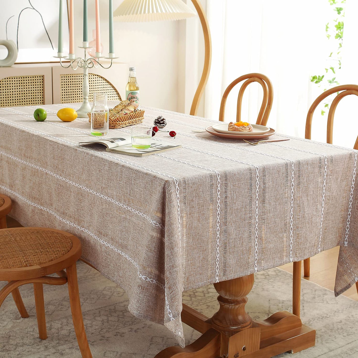 Chassic 60 x 104 inches Farmhouse Style Linen tablecloths, Wrinkle Resistant Washable Dining Room Table Cloths for 6 Foot Rectangle Tables - Hemstitch Light Coffee
