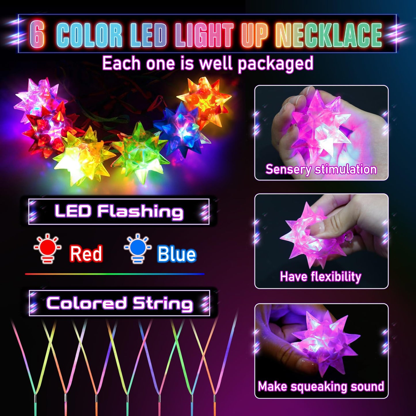 HONLYNE48 PCS Flashing Crystal Star Necklaces, Glow Necklaces Bulk Light up Party Favors, LED Glow in The Dark Necklaces for Kids Adults Birthday Glow Party Rave Halloween Goodie Bags Filler