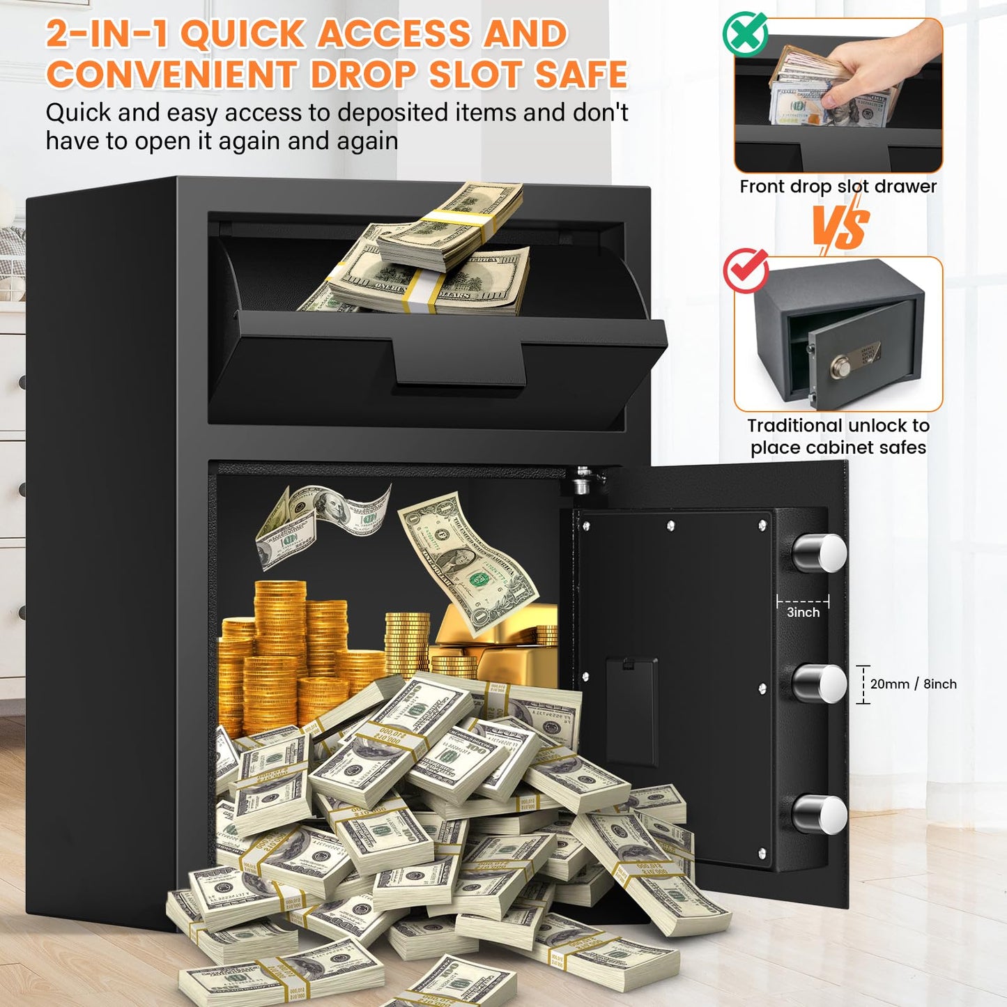 2.8 Cubic Fireproof Drop Safe for Business, Anti-Theft Drop Slot Safes for Money with Digital Combination Lock & Spare Keys, Cash Depository Safe with Drop Box for Home Retail Store Business