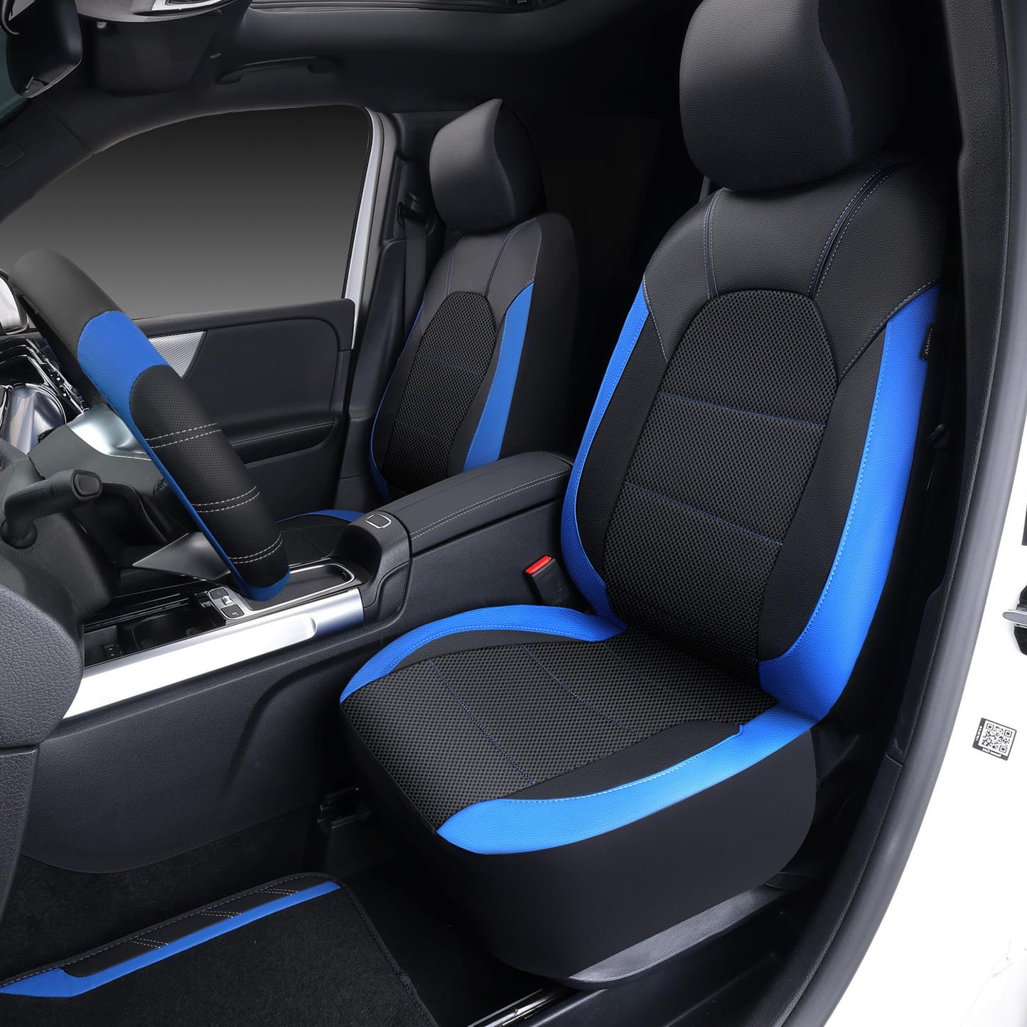 CAR PASS Air Mesh Leather Car Seat Covers Full Set, Waterproof Car Floor Mats, Sporty Steering Wheel Cover 14.5-15in, Universal Fits for 95% Cars Truck SUV (Black and Blue)