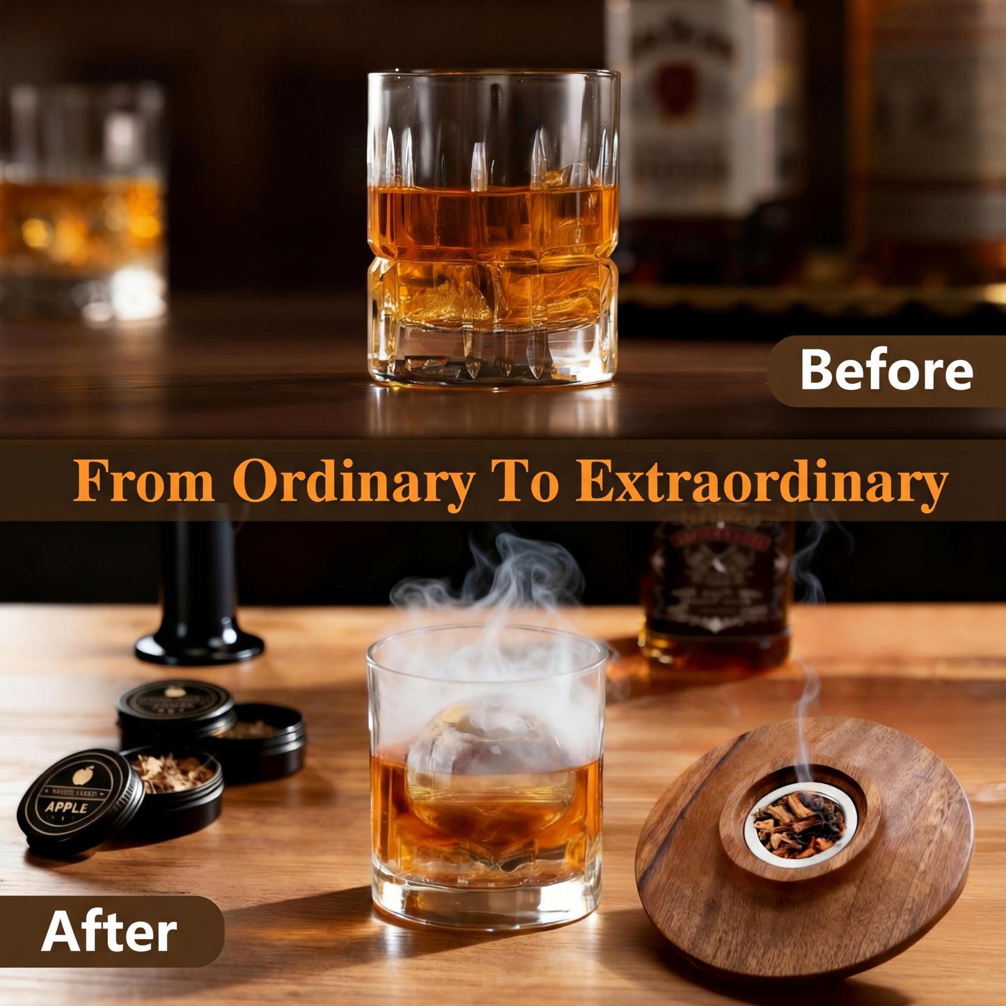 Whiskey Smoker Kit with 2 Crystal Clear Ice Ball Makers, Torch Included, 6 Wood Chip Flavors, Old Fashioned Cocktail Smoker Kit, Bourbon Whiskey Gifts for Men, Dad (No Butane)