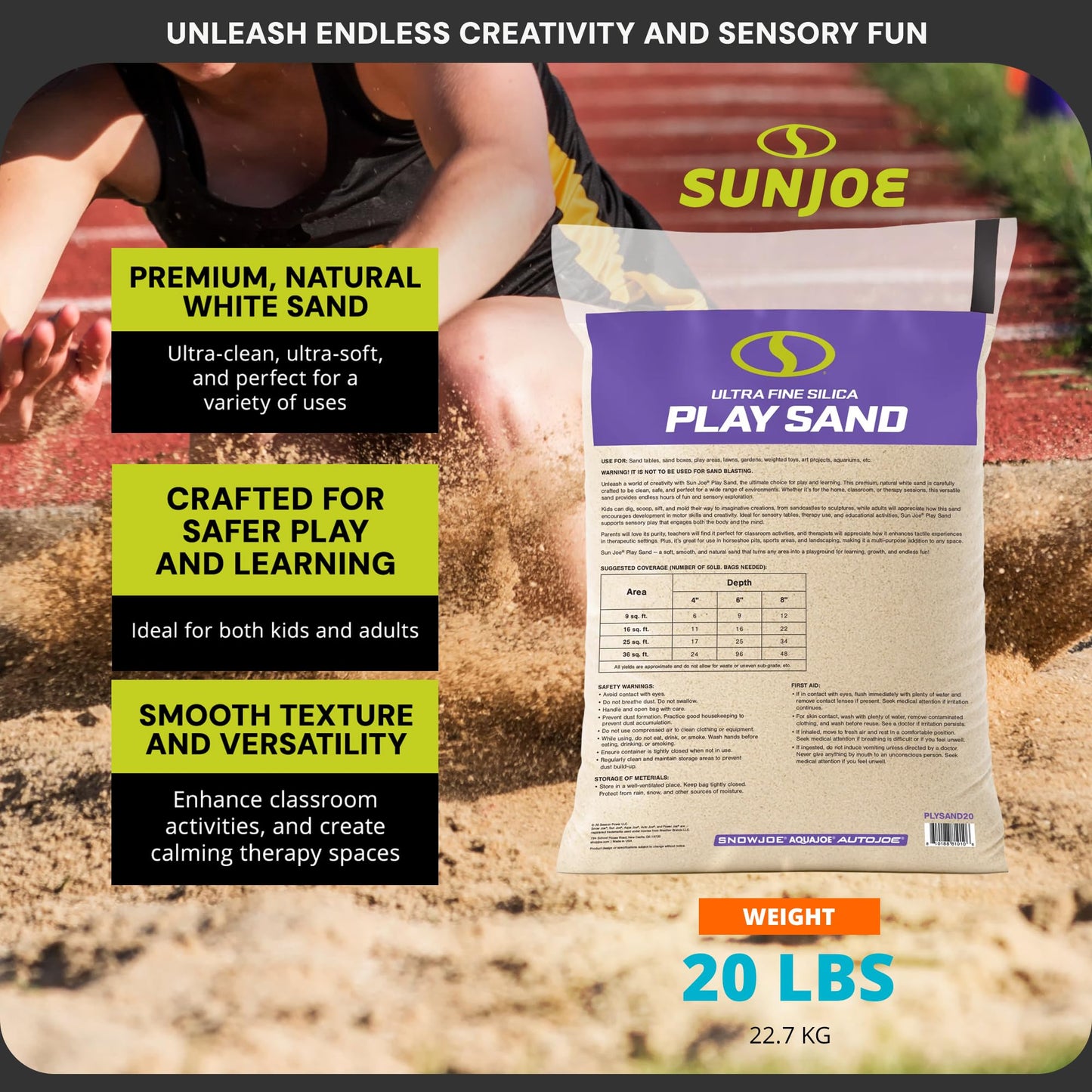 Sun Joe 3 Pack Silica Play Sand for Sandbox, Sensory Table & Garden Spaces, Ultra Fine, 20 Lbs - Natural Craft Accessory for Molding, Digging & Sculpting - Ideal for Indoor and Outdoor Use