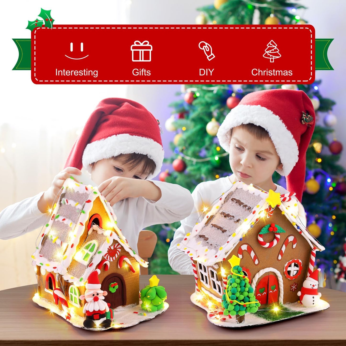 Fovths 4 Sets Clay Christmas Gingerbread House Kit with Lights Craft Cardboard Gingerbread House DIY Christmas Decorations Holiday Activity Arts and Crafts for Christmas Party Supplies Decoration