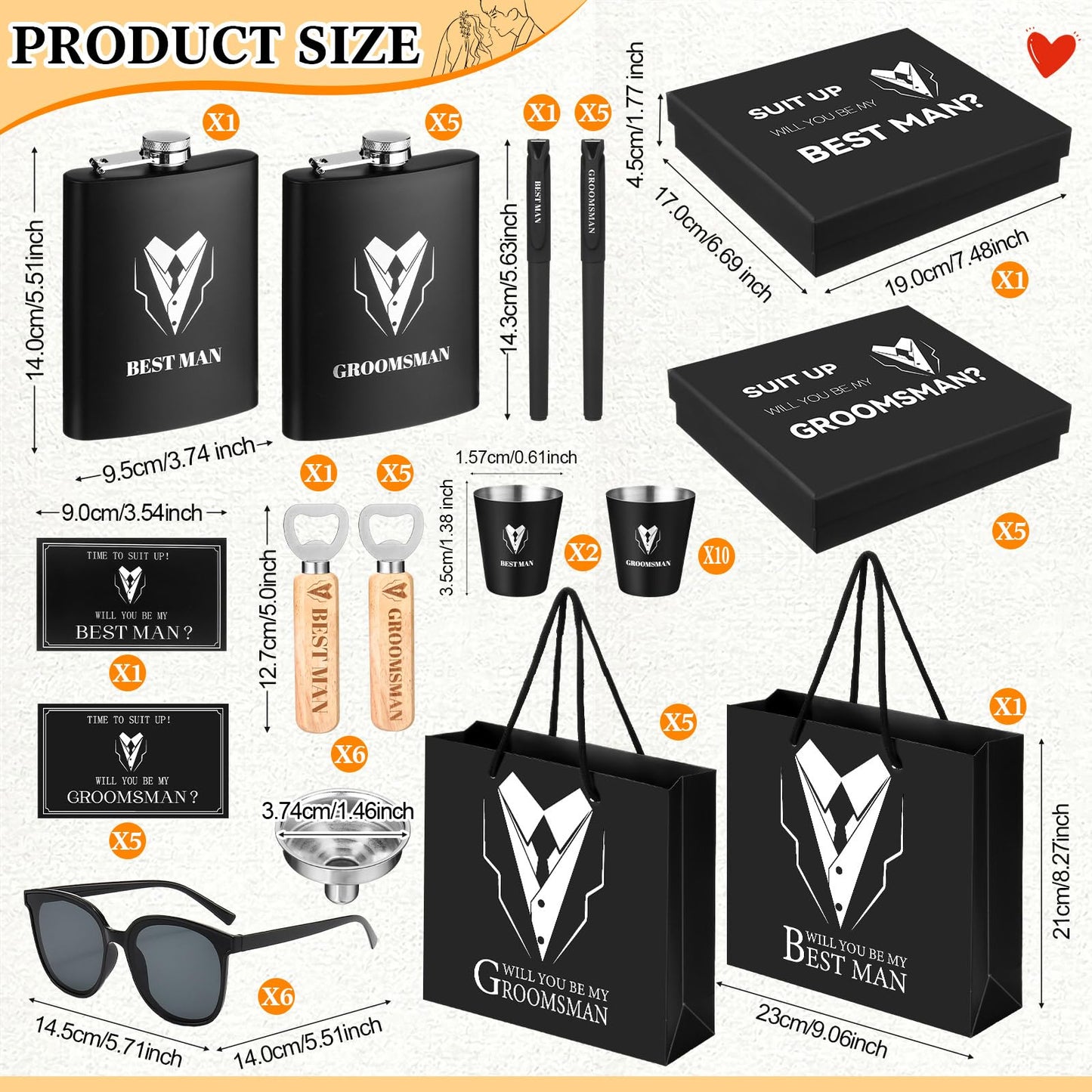 Layhit 60 PCS Groomsmen Gifts Set of 6, Groomsmen Proposal Gift Set, 6 Flask and 12 Stainless Steel Shot Glass 6 Wood Bottle Opener 6 Pen 6 Sunglasses with 6 Card 6 Box 6 Bag for Wedding Party