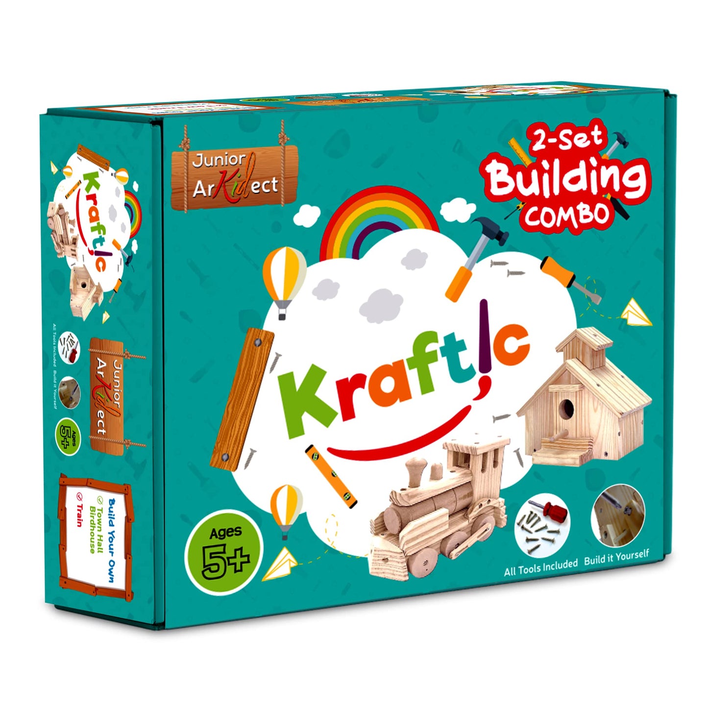 Kraftic Woodworking Building Kit for Kids and Adults, 2 Educational DIY Carpentry Construction Wood Model Kit Toy Projects for Boys and Girls - Build a Wooden Town Hall Birdhouse and Train