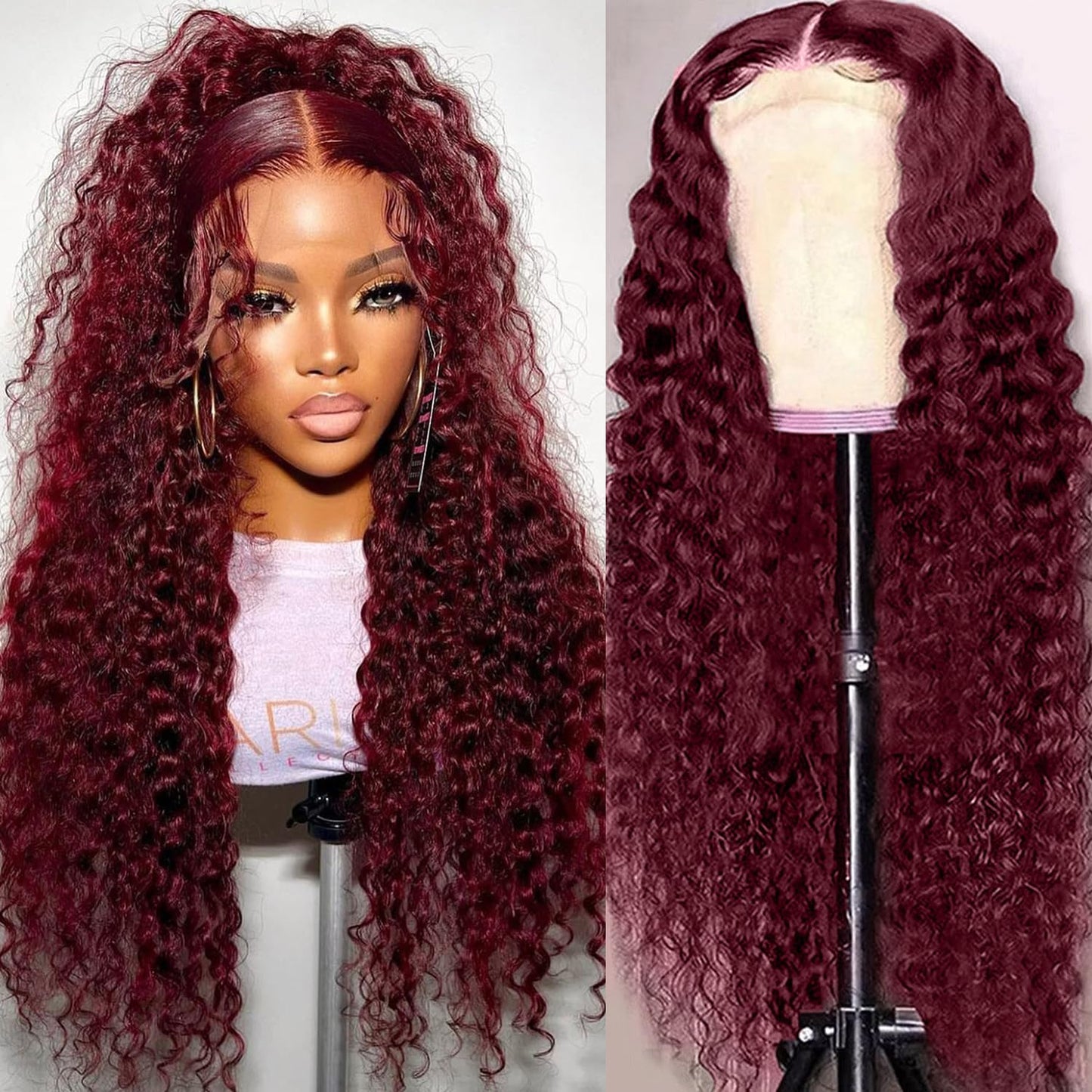 Kivolin 99j Burgundy Lace Front Wigs Human Hair 28 Inch Deep Wave Lace Front Wigs Human Hair Pre Plucked Red Curly Human Hair Wig 13x4 HD Colored Frontal Glueless Wet and Wavy Loose Deep Wave