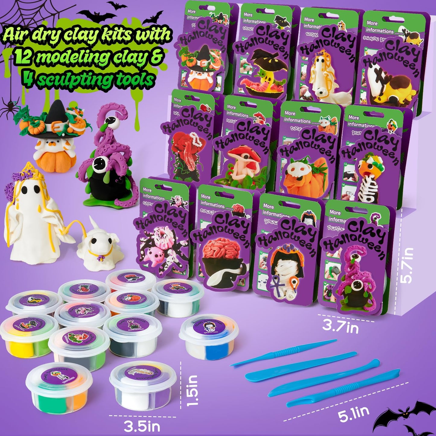 Winrayk Halloween Air Dried Clay Kit for Kids, 12 Boxes of Magic Molding Clay with Carving Tools and Tutorials, Halloween Gifts, Toys and Crafts for Kids