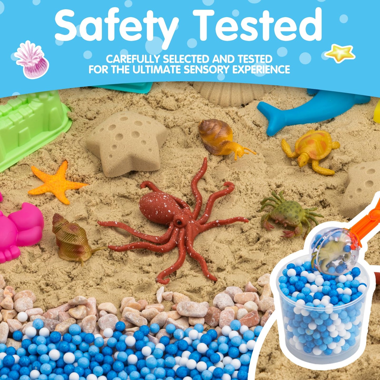 Ocean&Sand Sensory Bin with Lid, 42 Pcs Sensory Sand Kit with Sea Animals for Kids, Birthday Christmas Gifts for Boys Girls, Preschool Learning Activities Tools Box, Outdoor Sandbox Toys for Kids
