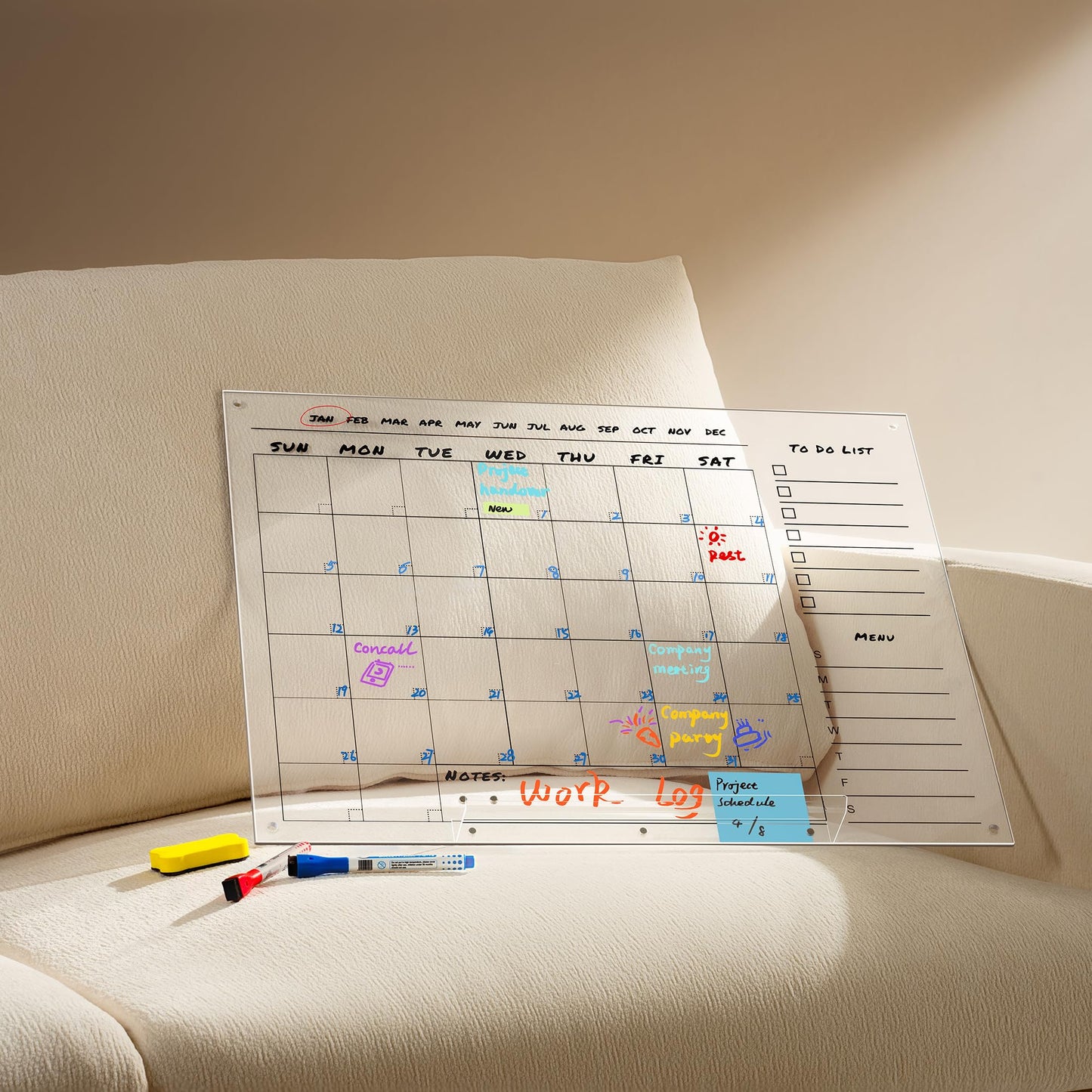 Acrylic Wall Calendar For Wall – 24” x 18” Dry Erase Calendar Board, Clear Monthly Planner for Wall with Tray, Chalk Markers, Eraser & Reusable Notes – Perfect for Home, Office, Kitchen & Classroom
