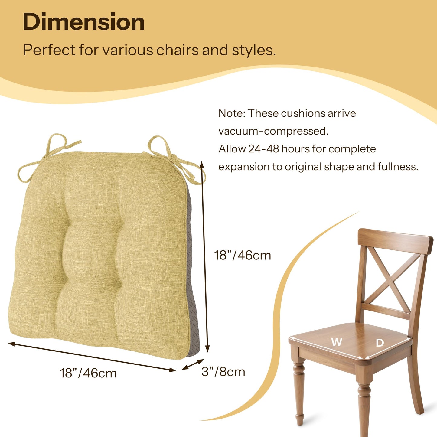 FlyGulls Non Slip Chair Cushions for Dining Chairs Set of 4 Kitchen Chair Cushions 18"x18"x3" Turfted Chair Pads Comfortable and Soft Seat Cushion with Ties, Yellow