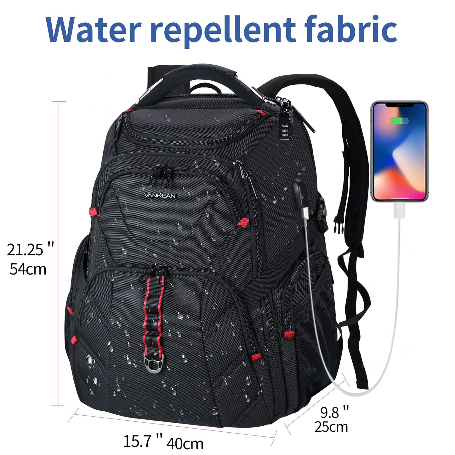 VANKEAN 17.3'' Travel Laptop Backpack TSA Friendly, Water Resistant Anti Theft Extra Large College Backpacks with RFID Pockets, USB Port for Men Women Business Work Bag, Black