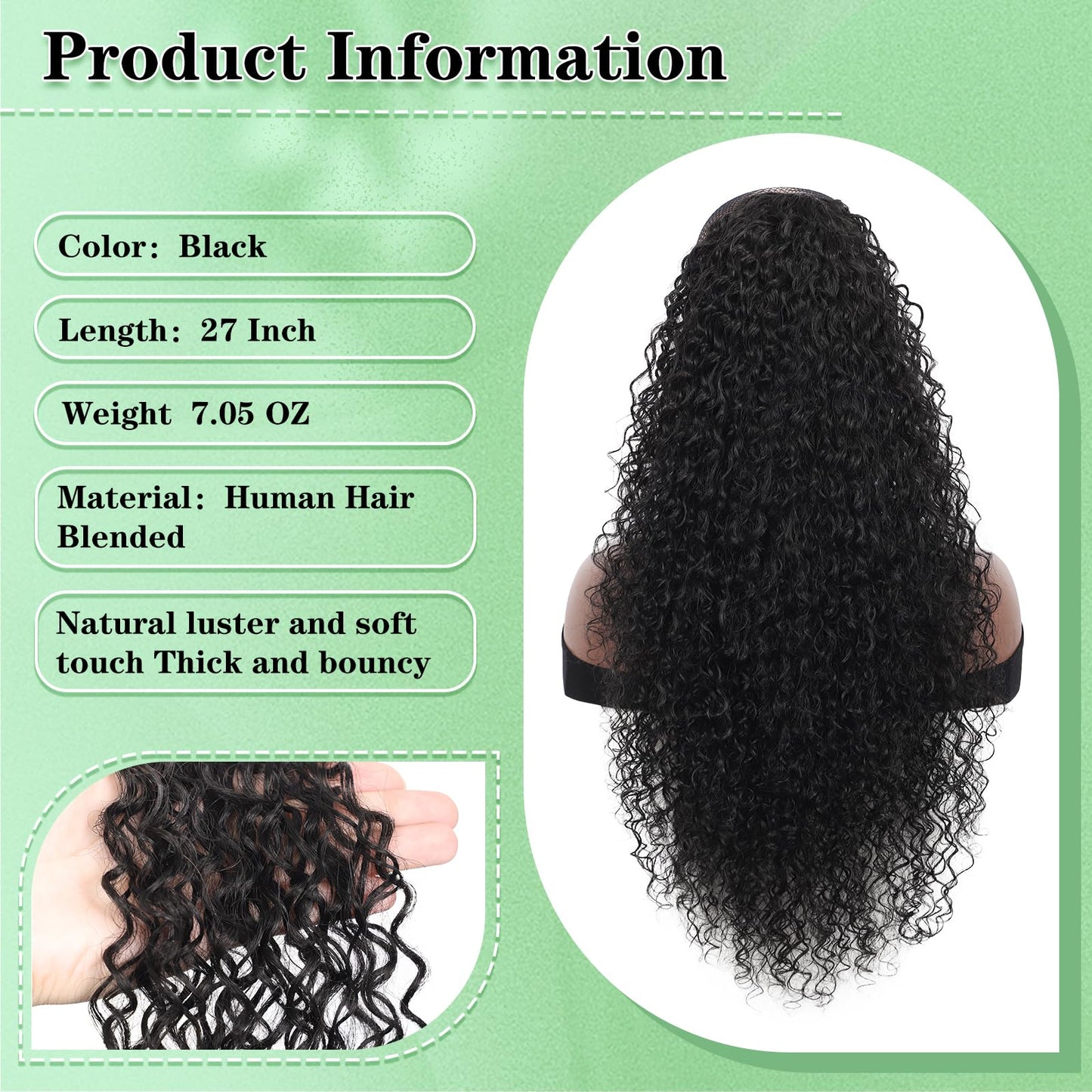 Youthfee 27” Drawstring Ponytail Deep Curly Heat Resistant Human Hair Blended Instant Clip Ponytail Extension Protective Style Afro Kinky Curly Hair Pieces for Women