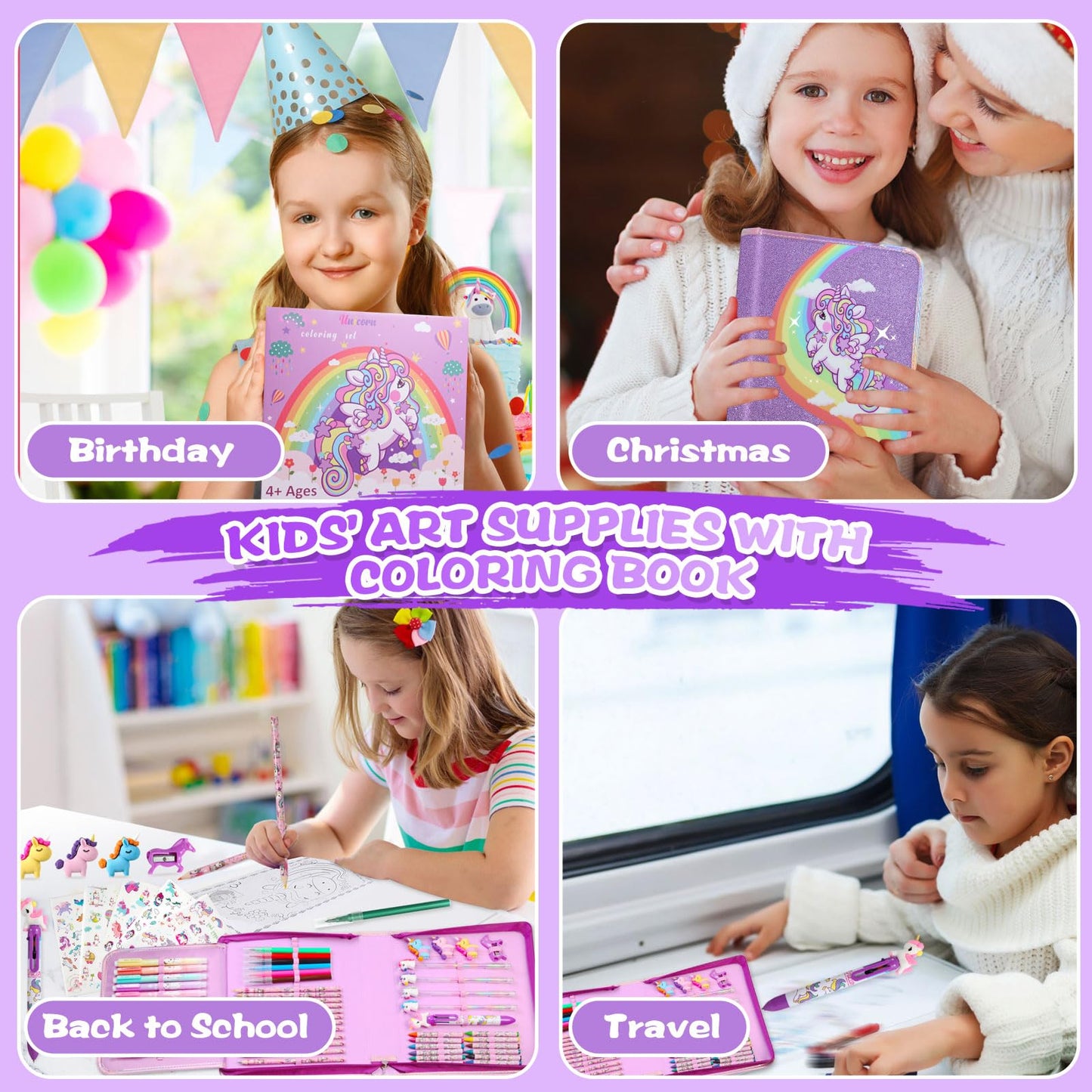 CozyJoyz Unicorn Marker Set Washable 59 Pieces Arts and Crafts Painting Set for Kids Drawing Art Supplies Birthday Gifts for Girls Toys for 4 5 6 7 8 9 Years Old (Purple)