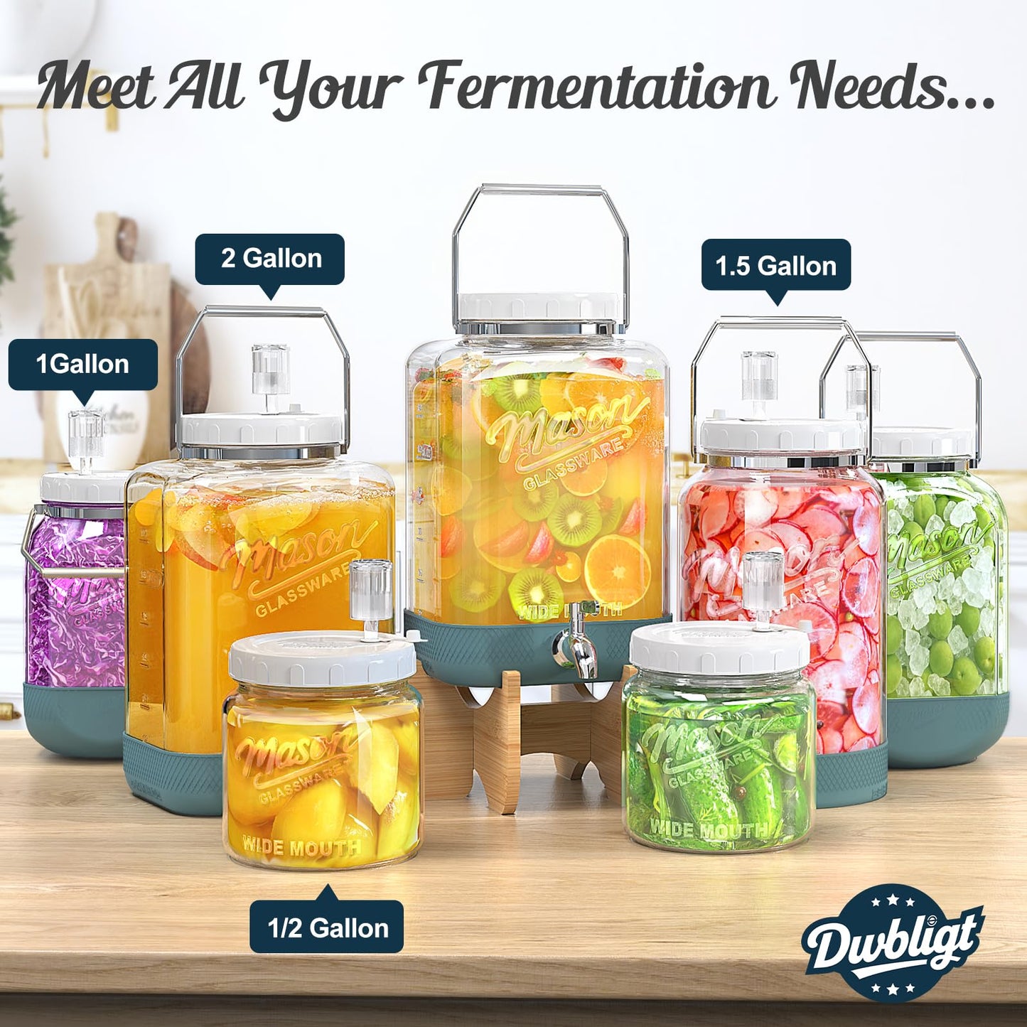 Dwbligt 2 Pack Large Fermentation Jars with Airlock, 2 Gallon Glass Jar with Airtight Lid-Wide Mouth Mason Jar with Handle & Non-slip Base for Mead Making & Kombucha, Pickle Jar, Kimchi Containers